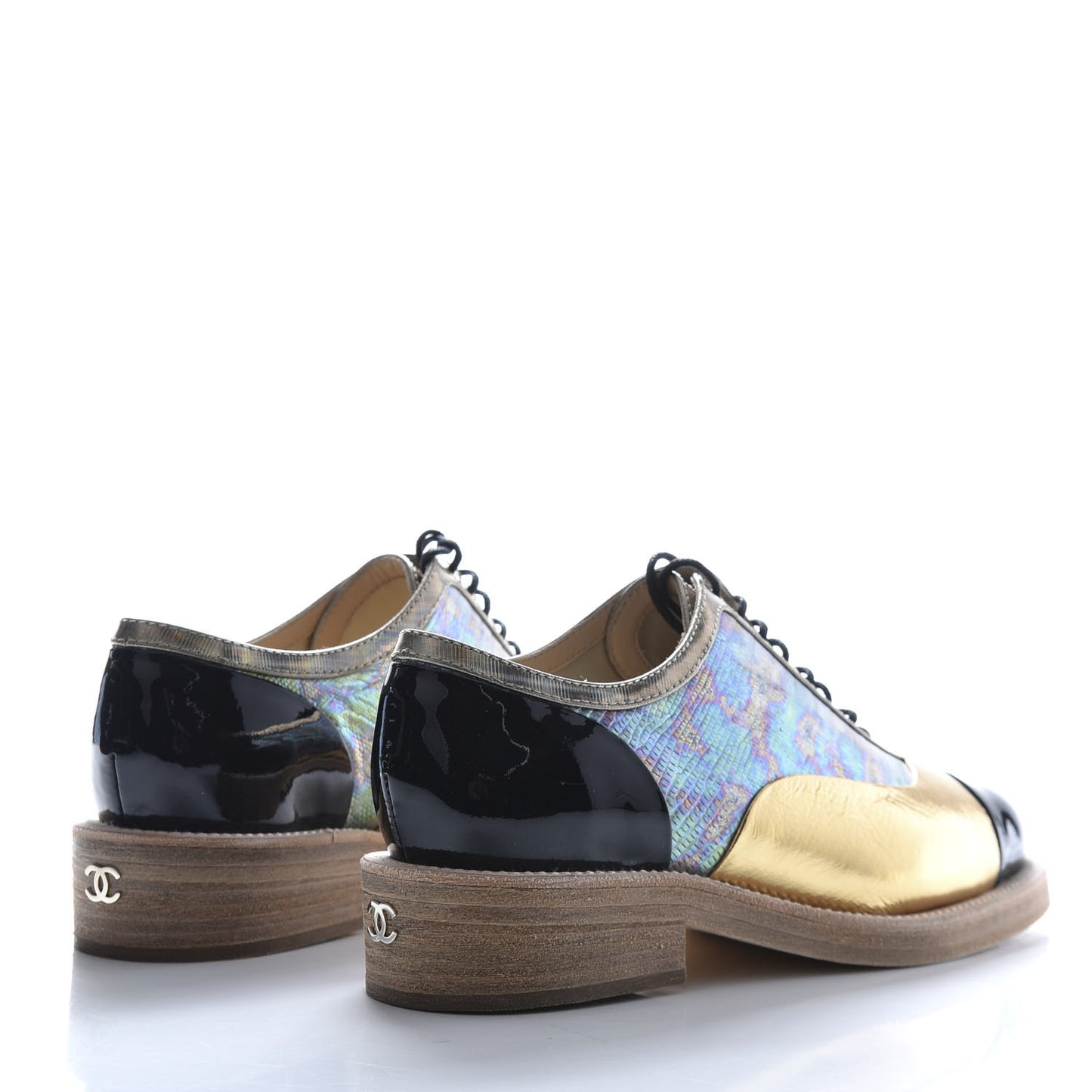 Metallic Goatskin Patent Calfskin Lizard Lace Up Loafers 37 Light Gold Black Multcolor