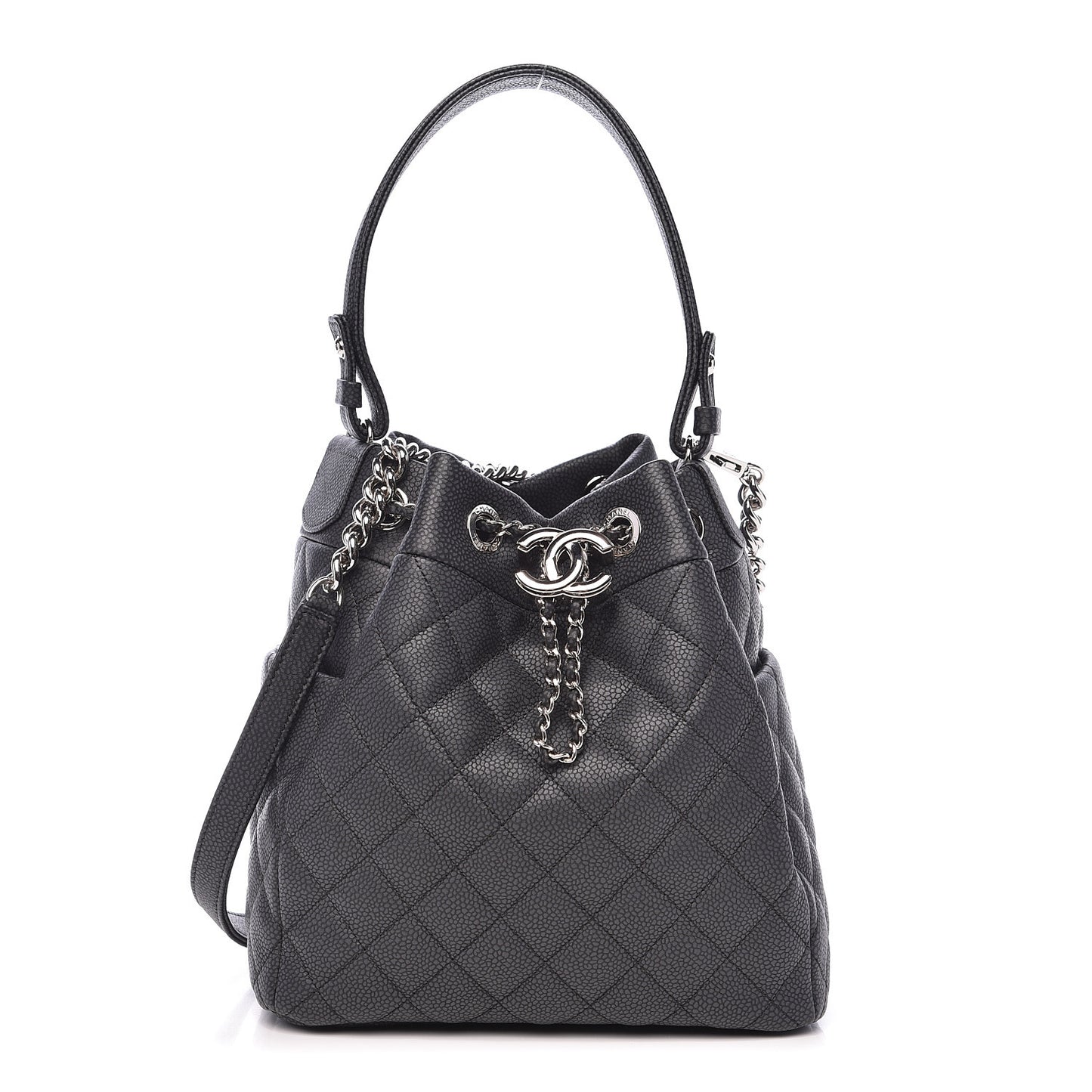 Caviar Flat Quilted CC Chain Bucket Drawstring Bag Black