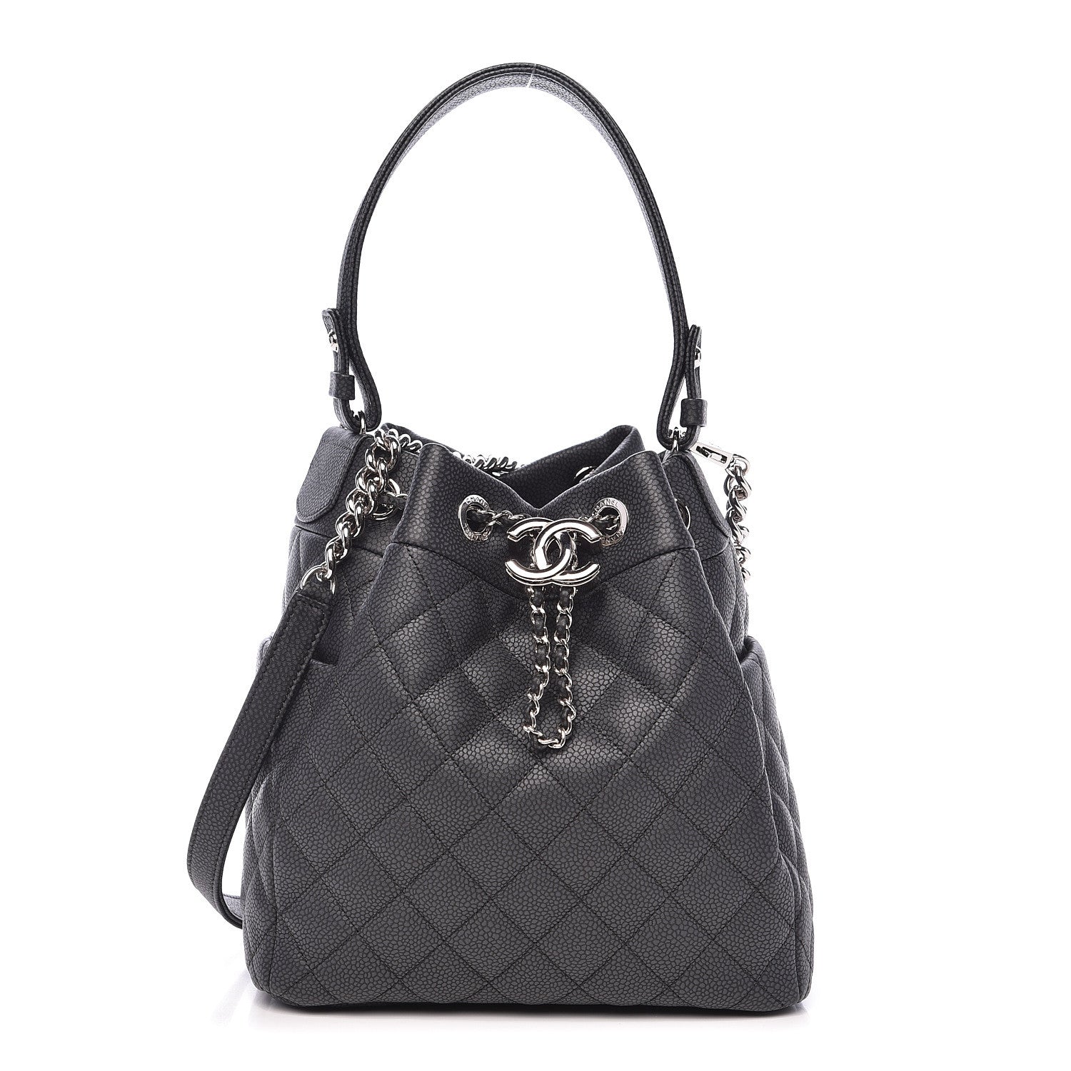 Chanel Caviar Flat Quilted CC Chain Bucket Drawstring Bag Black 1 of 10