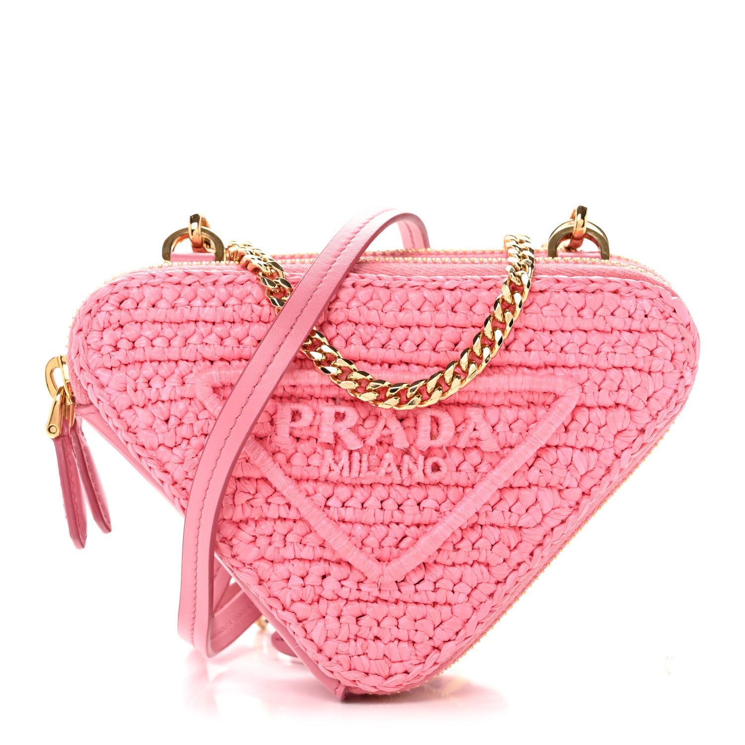 Prada Raffia Calfskin Crochet Logo Embroidered Mini Triangle Pouch Petalo 1 of 15