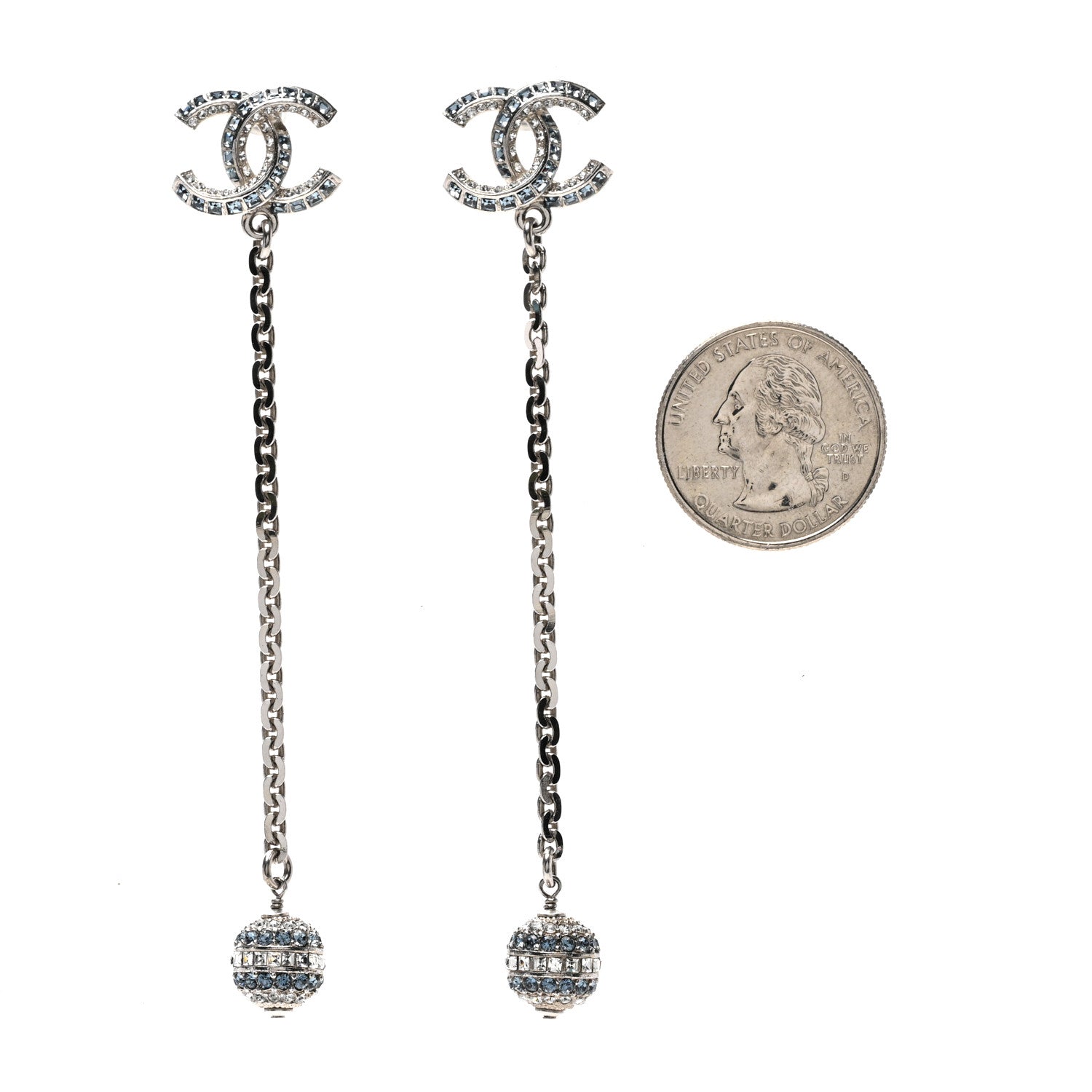 Chanel Crystal Drop Long CC Earrings Silver 2 of 4