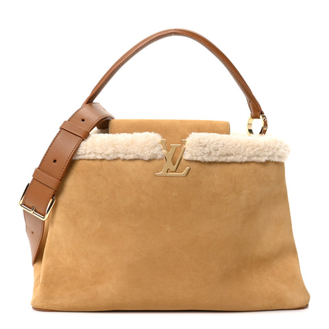 Suede Calfskin Shearling Capucines GM Souple Beige