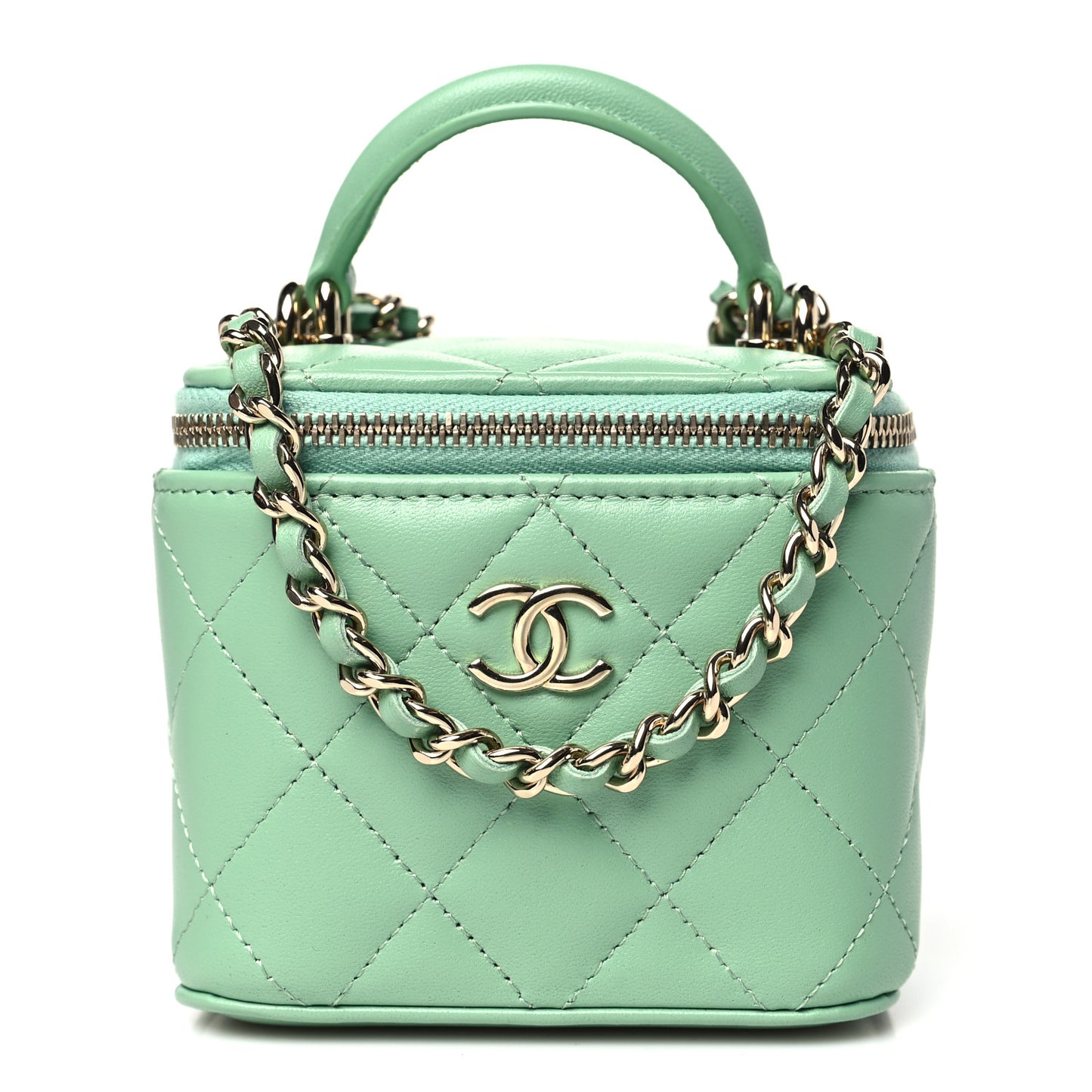 Lambskin Quilted Top Handle Mini Vanity Case With Chain Green