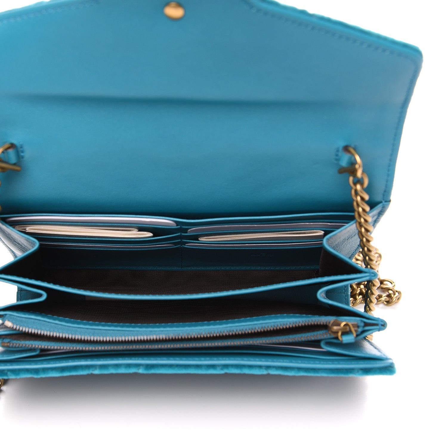 Velvet Matelasse GG Marmont Chain Wallet Pavone Cyan