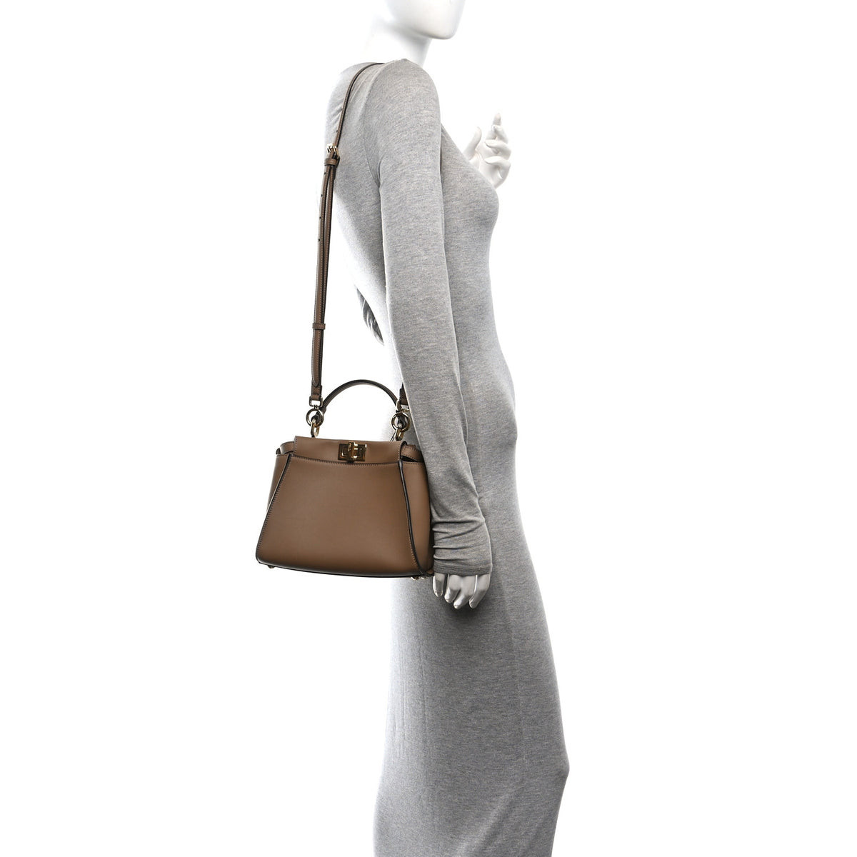 Fendi Vitello Seta Fabric Jacquard FF 1974 Mini Peekaboo Iconic Satchel Sand Tobacco Moro 2 of 9