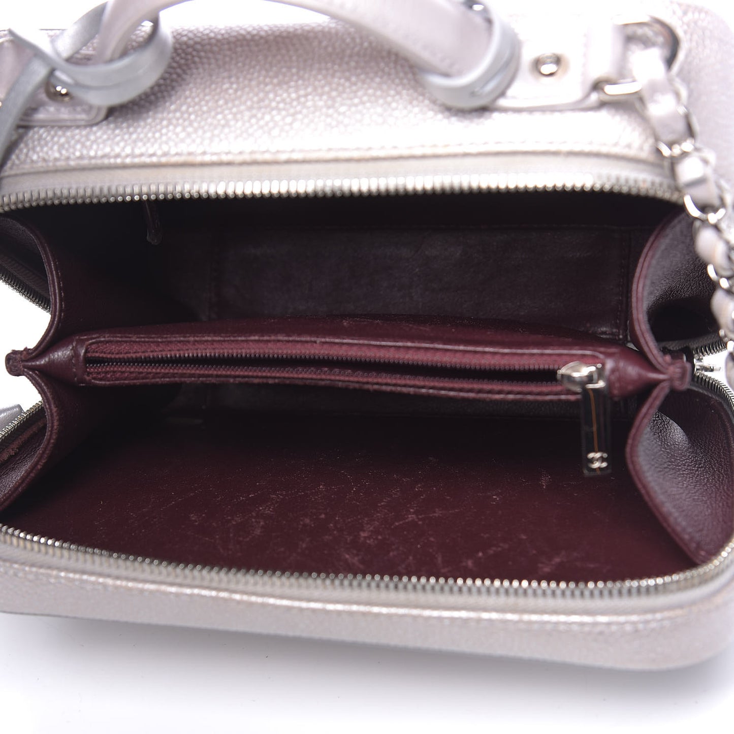 Metallic Caviar Quilted Medium CC Filigree Vanity Case Silver