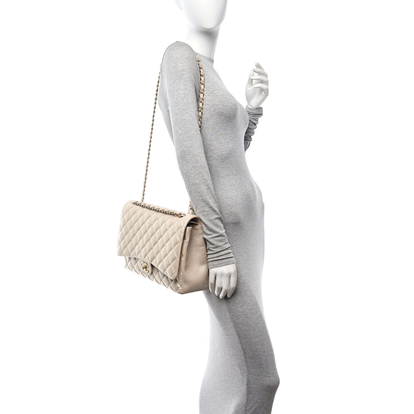 Metallic Caviar Quilted Maxi Double Flap Beige