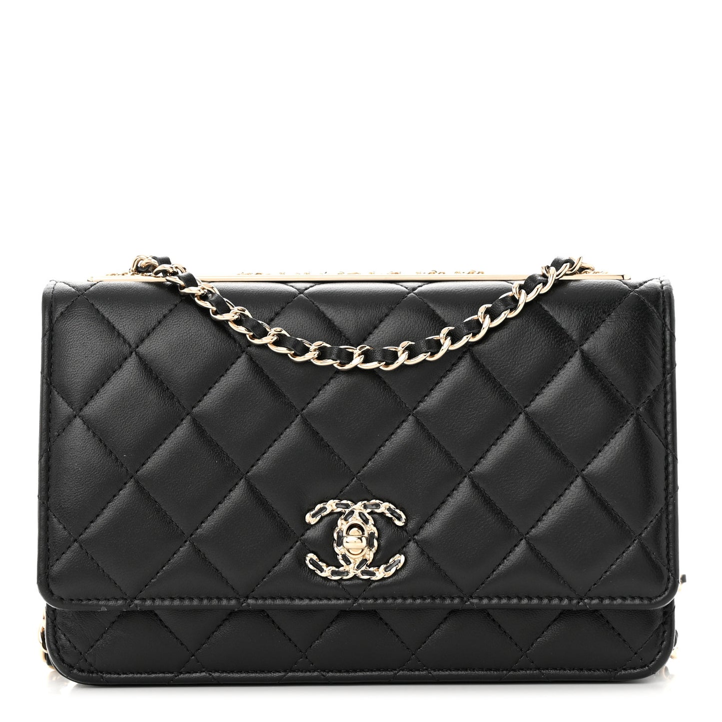 Lambskin Quilted Trendy Chain CC Wallet On Chain WOC Black