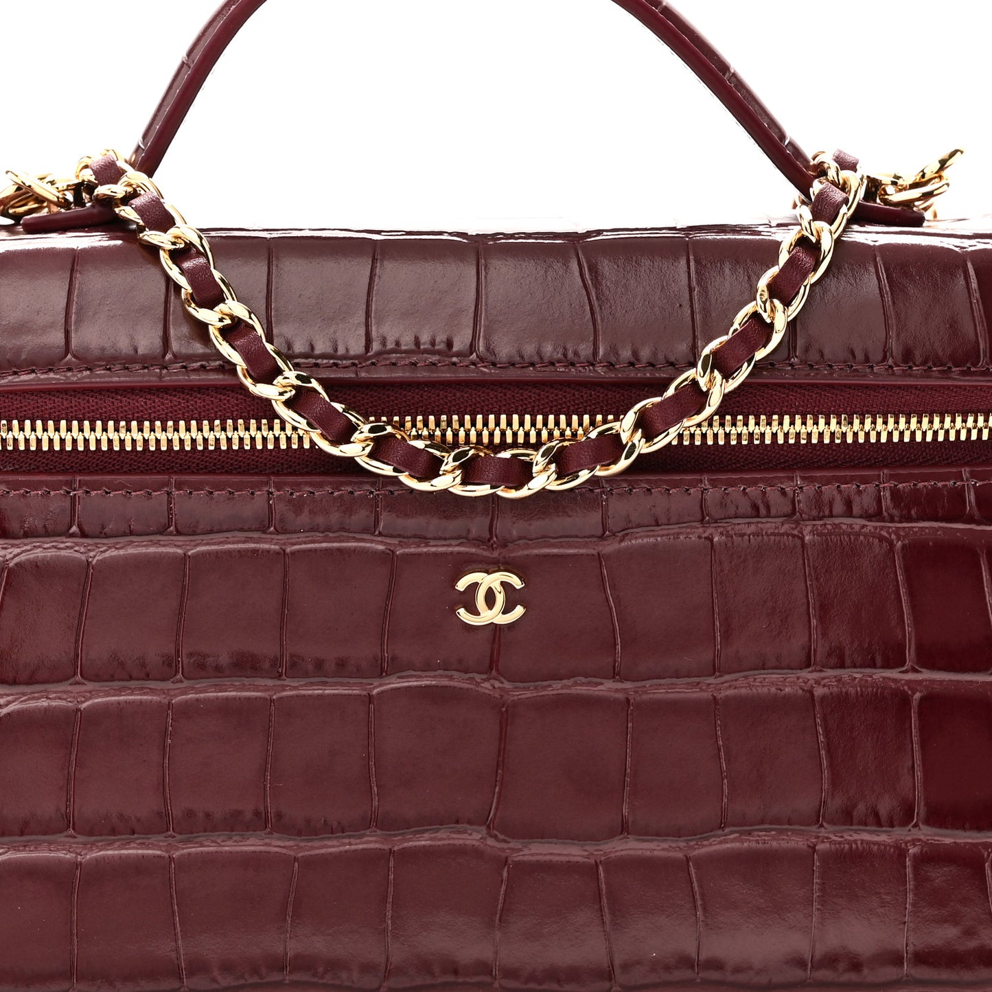 Calfskin Crocodile Embossed Crococo Top Handle Slim Vanity Case With Chain Dark Burgundy