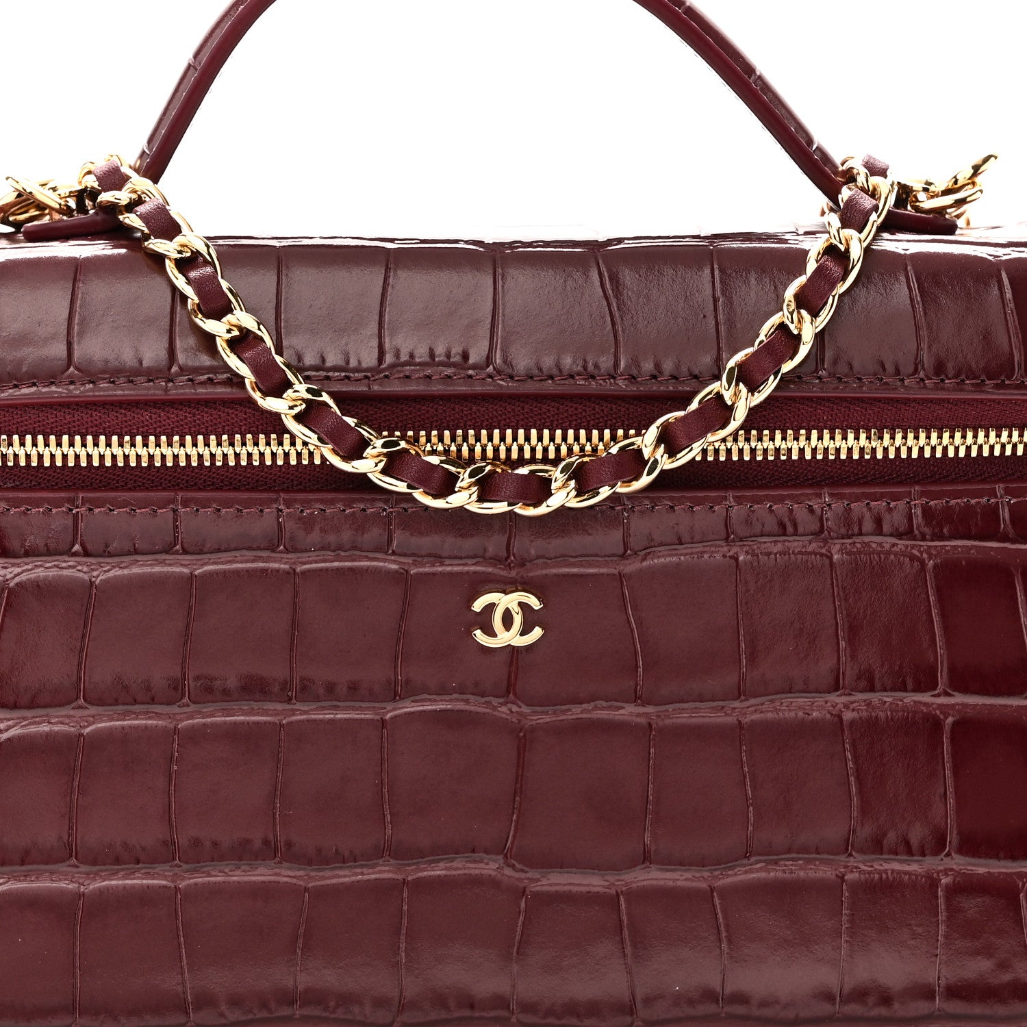 Chanel Calfskin Crocodile Embossed Crococo Top Handle Slim Vanity Case With Chain Dark Burgundy 8 of 11