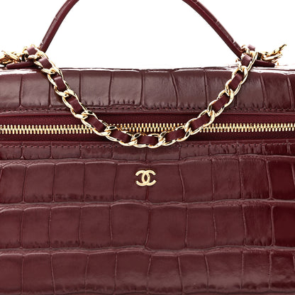 Chanel Calfskin Crocodile Embossed Crococo Top Handle Slim Vanity Case With Chain Dark Burgundy 8 of 11
