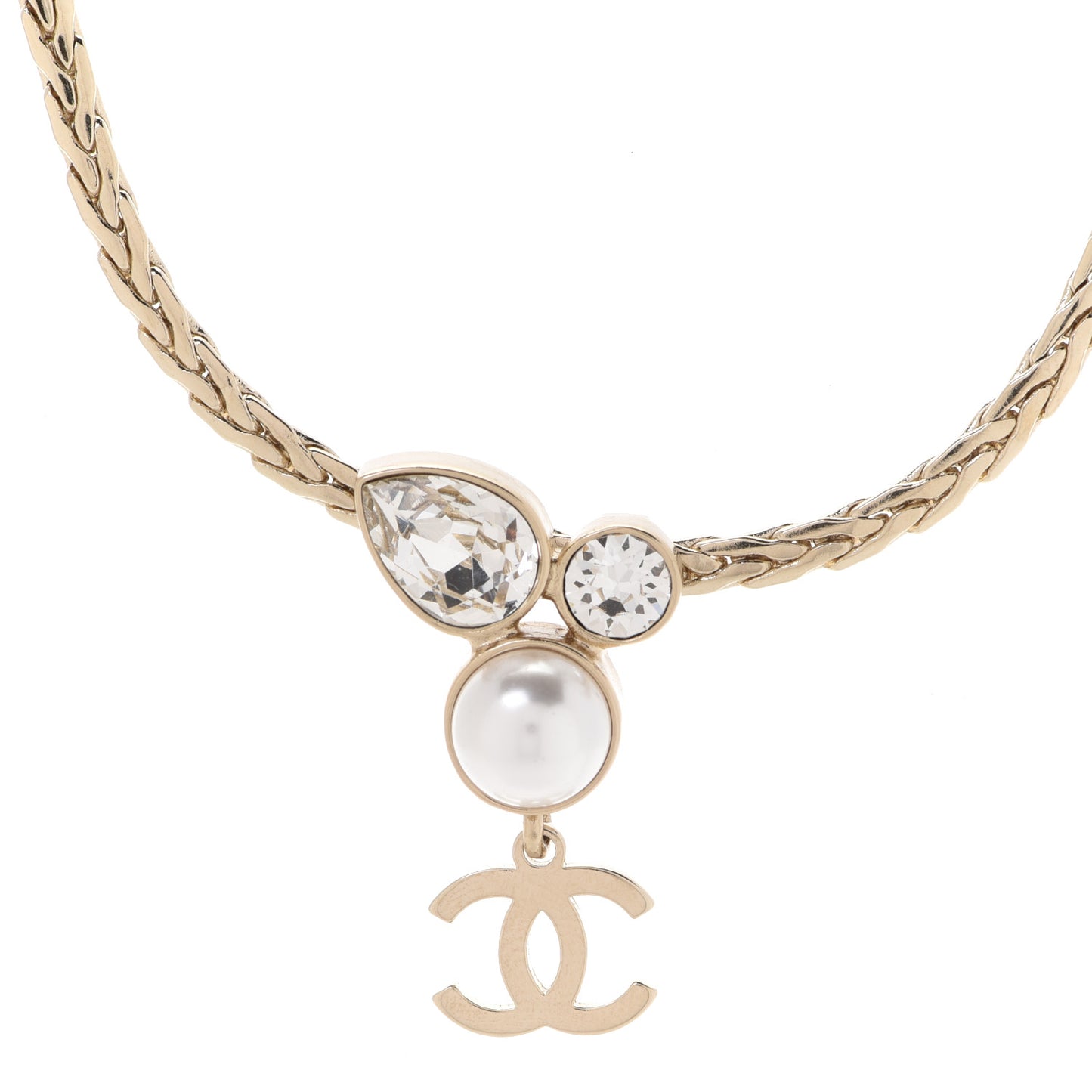 Pearl Crystal CC Teardrop Braided Necklace Gold
