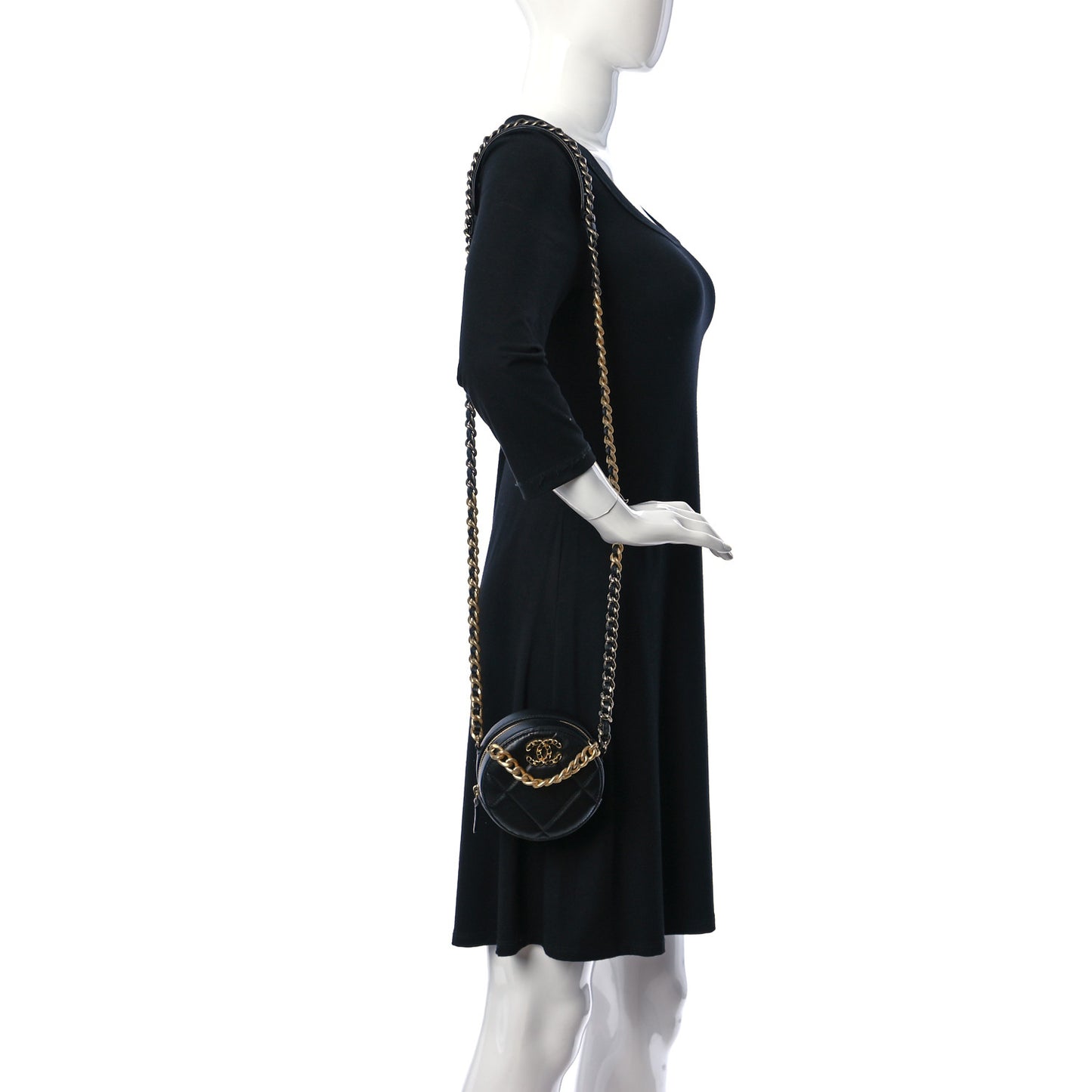 Shiny Goatskin Quilted Chanel 19 Round Clutch With Chain Black