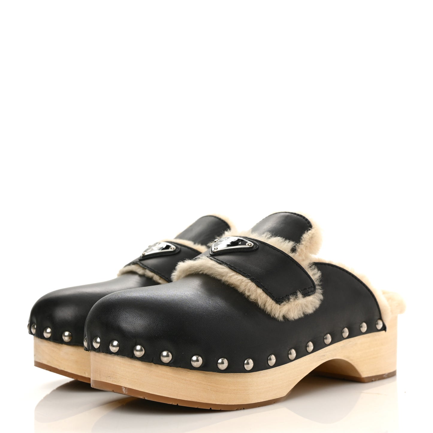 Natural Calfskin Shearling Metal Triangle Logo 45mm Clogs 40 Black Sabbia