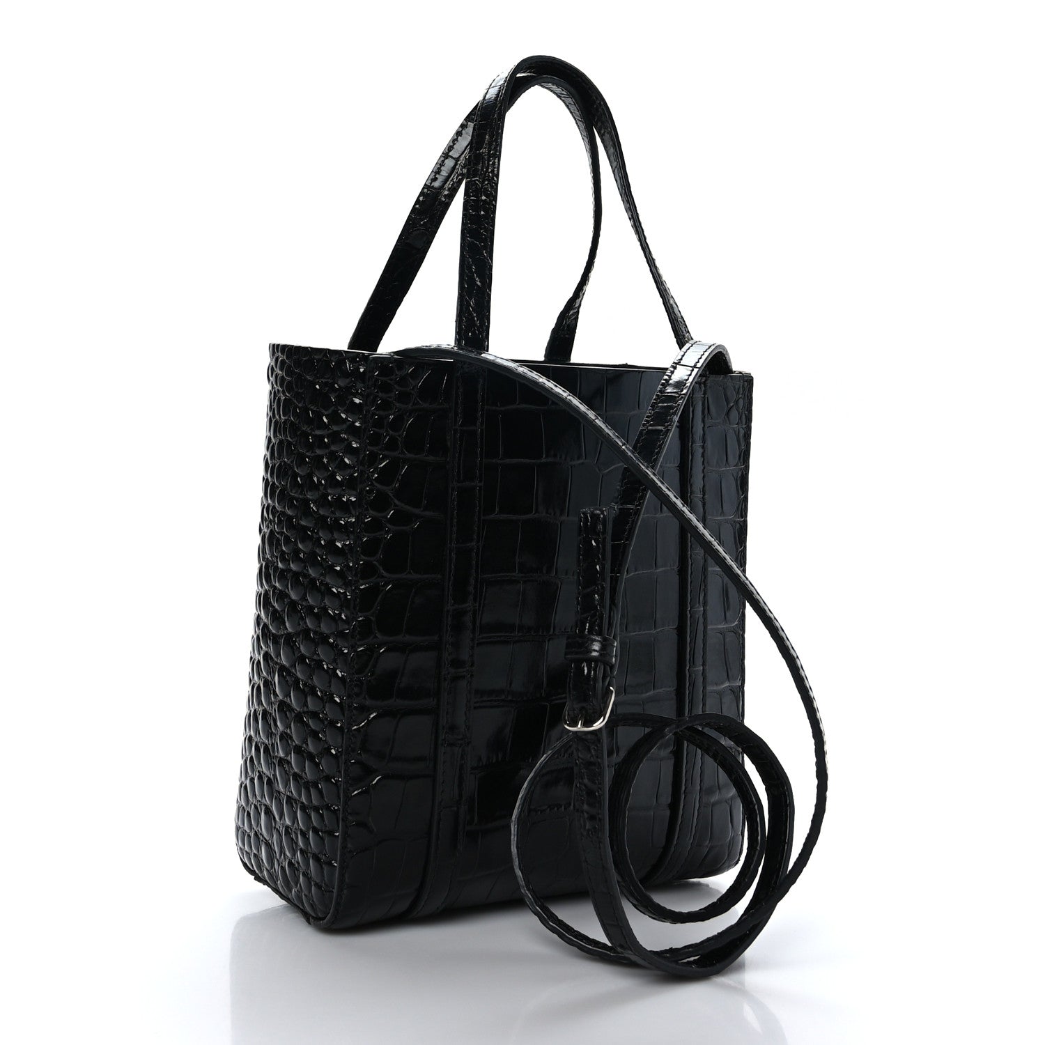 Balenciaga Shiny Calfskin Logo Crocodile Embossed XXS Everyday Tote Black 2 of 8