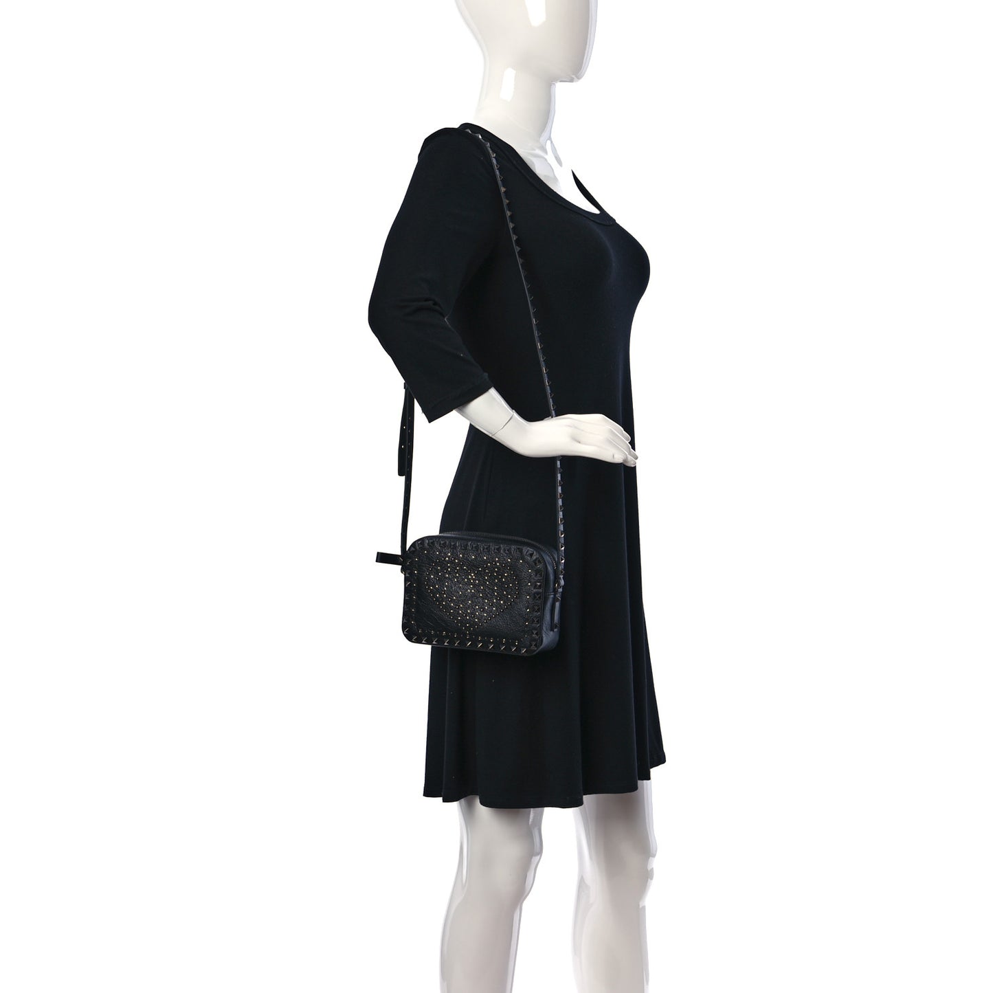 Craquele Nappa Rockstud Crystal Punk Heart Camera Crossbody Bag Black
