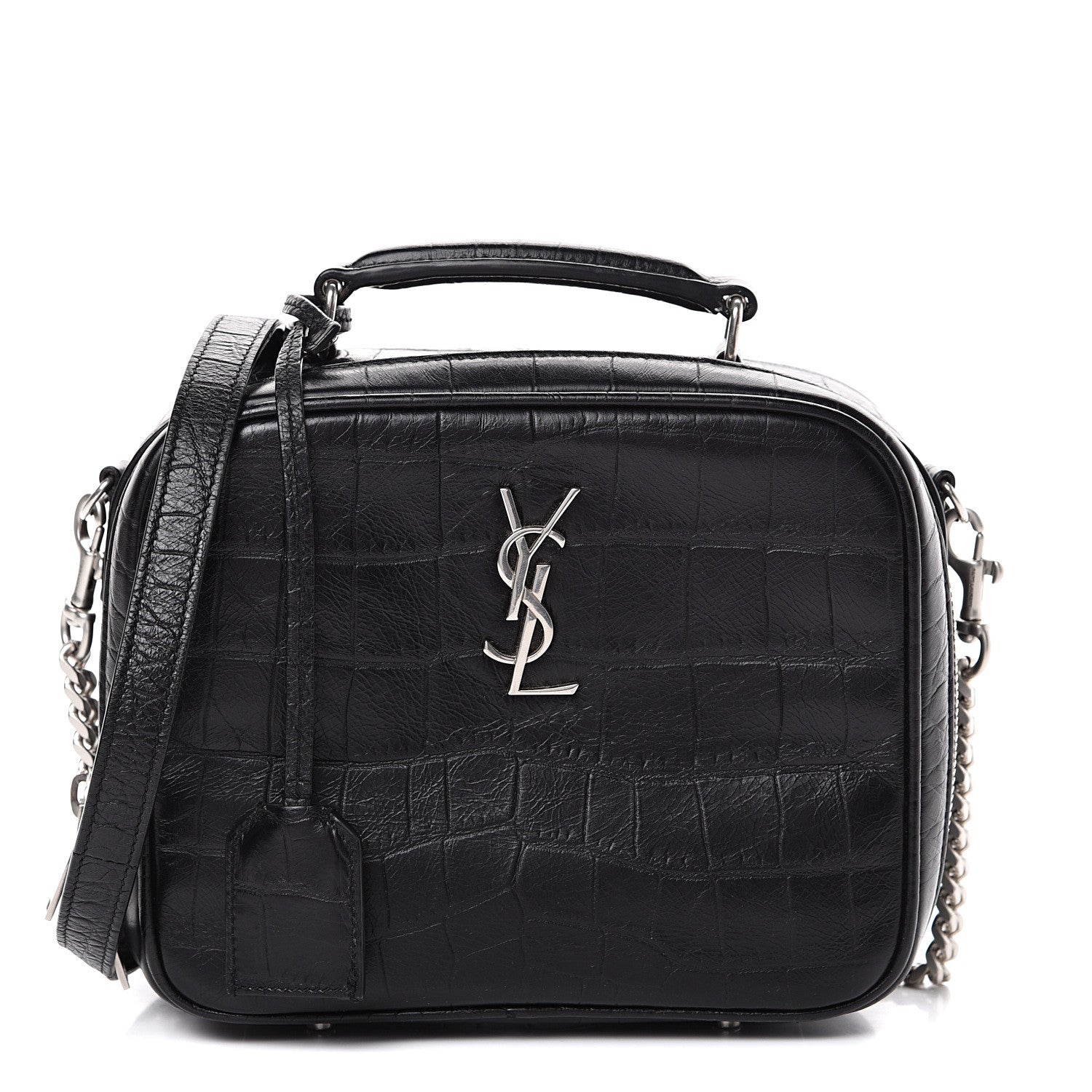 Saint Laurent Calfskin Crocodile Embossed Monogram Lunch Box Bag Black 1 of 15