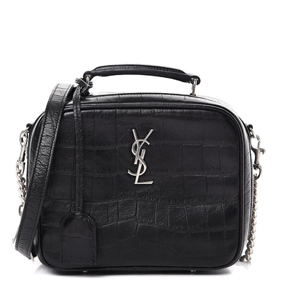 Saint Laurent Calfskin Crocodile Embossed Monogram Lunch Box Bag Black 1 of 15