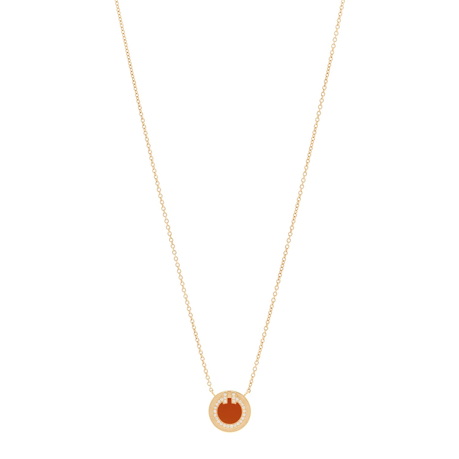Tiffany 18K Yellow Gold Diamond Carnelian Small T Circle Pendant Necklace 1 of 5