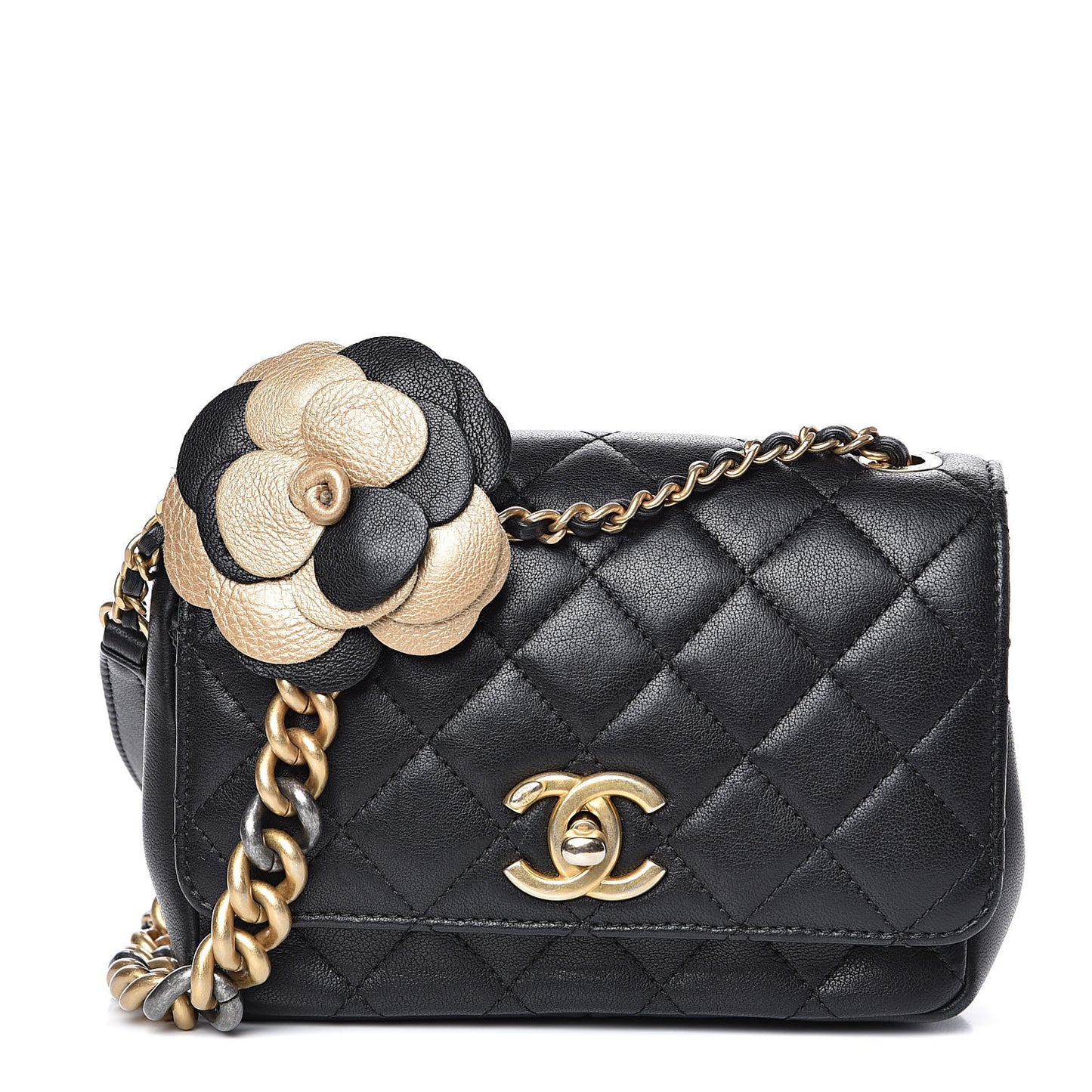 Lambskin Quilted Small Camellia Flower Flap Black
