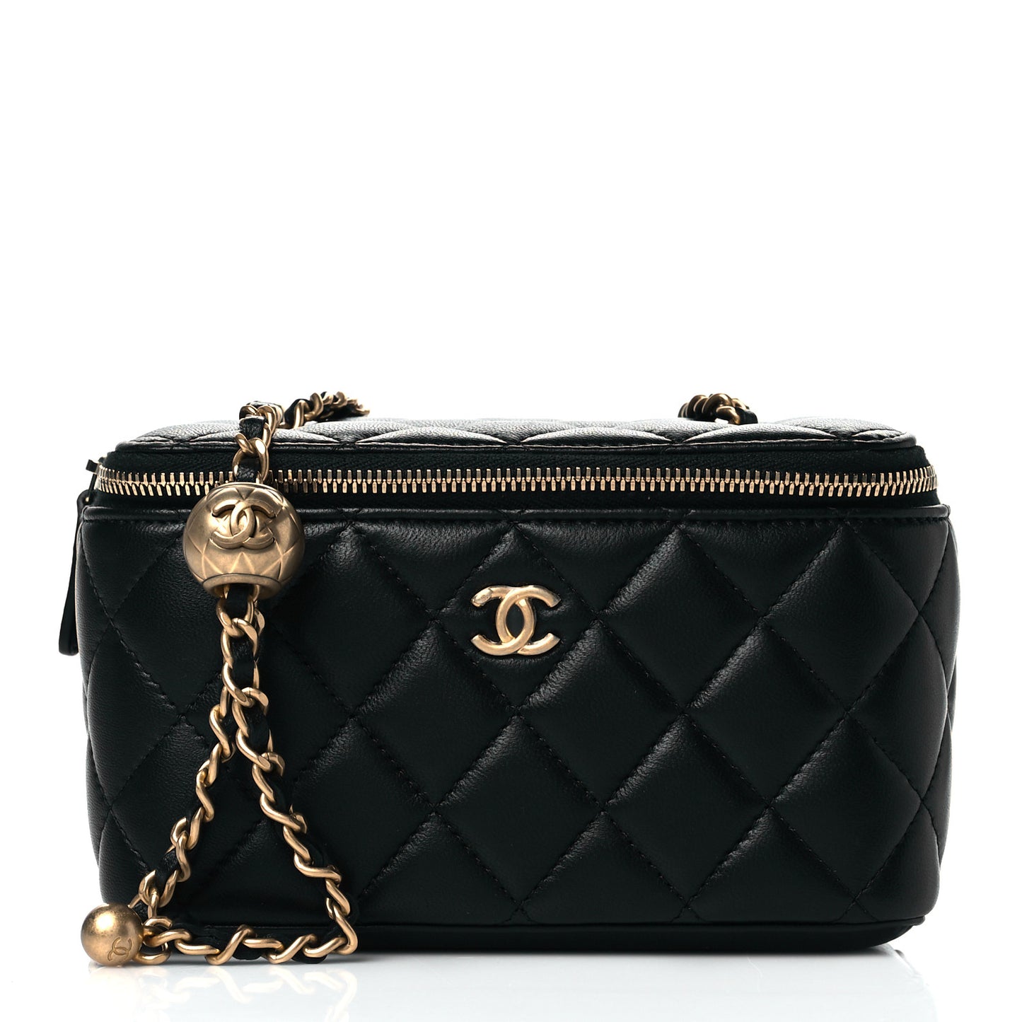 Lambskin Quilted Small Pearl Crush Vanity Case With Chain Black