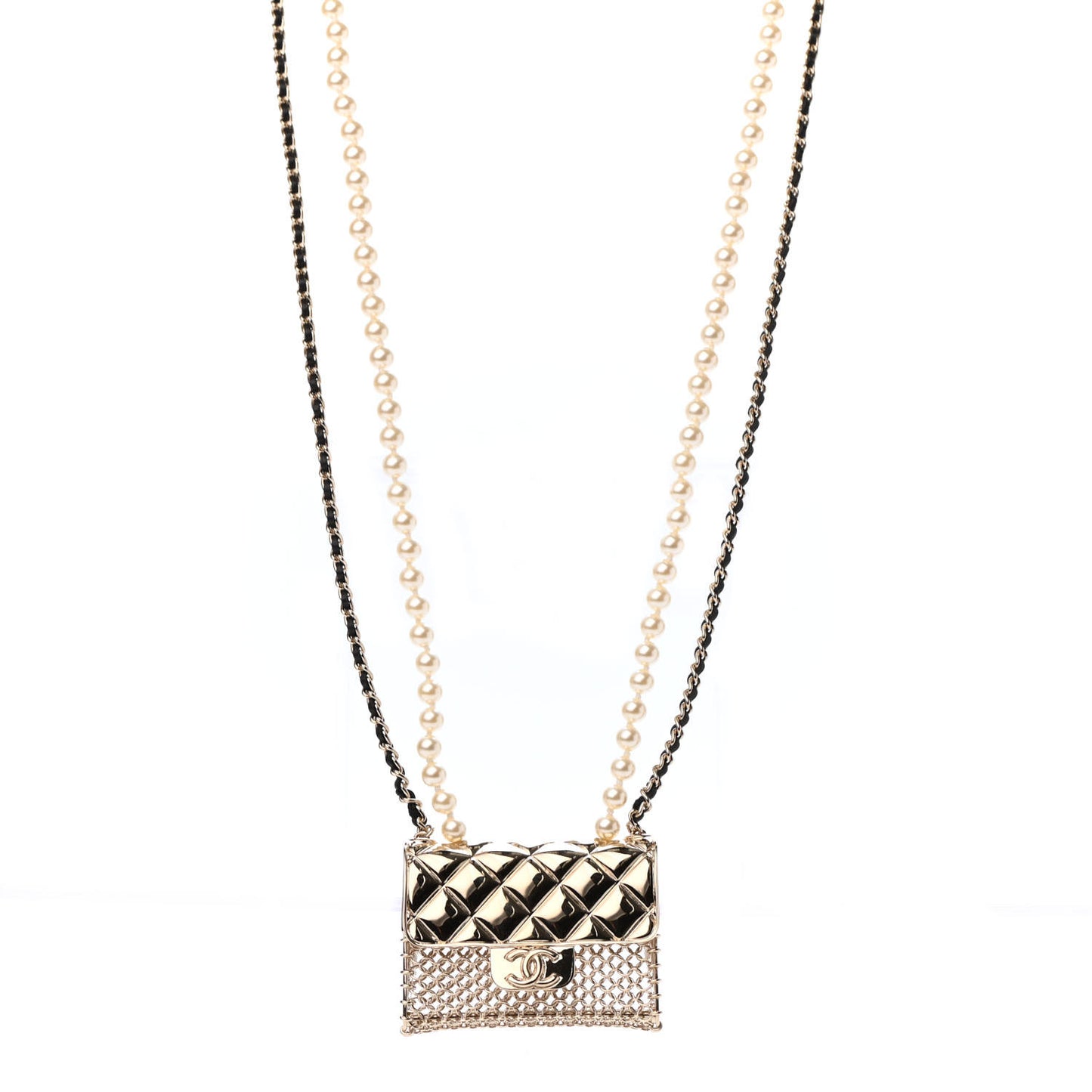 Metal Lambskin Pearl Chain Flap Bag Long Necklace Gold Black Pearly White
