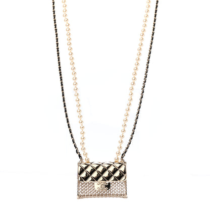Chanel Metal Lambskin Pearl Chain Flap Bag Long Necklace Gold Black Pearly White 1 of 4