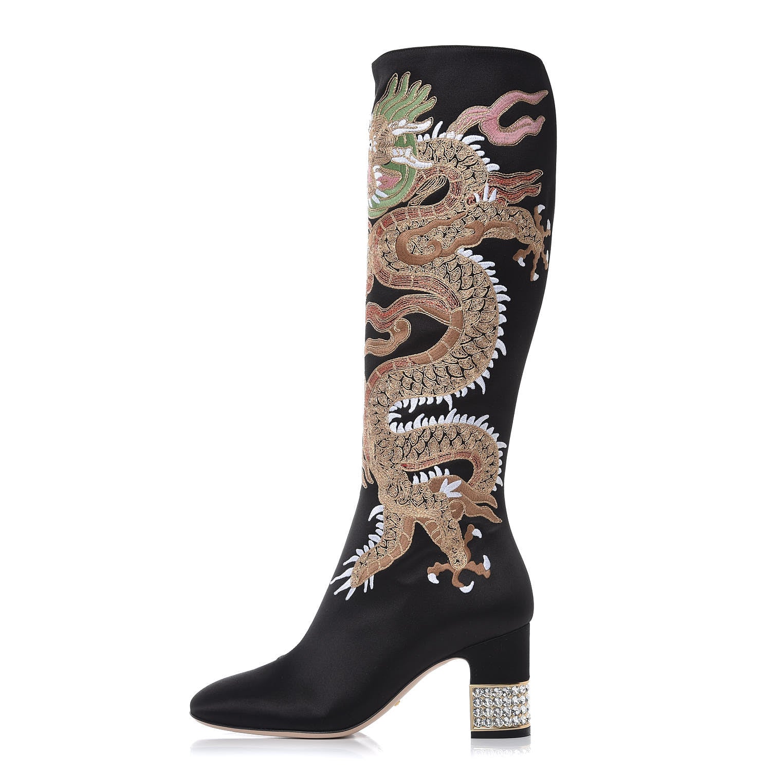 Gucci Silk Satin Malaga Kid Embroidered Candy Dragon Block-Heel Knee Boot 37.5 Black 2 of 8