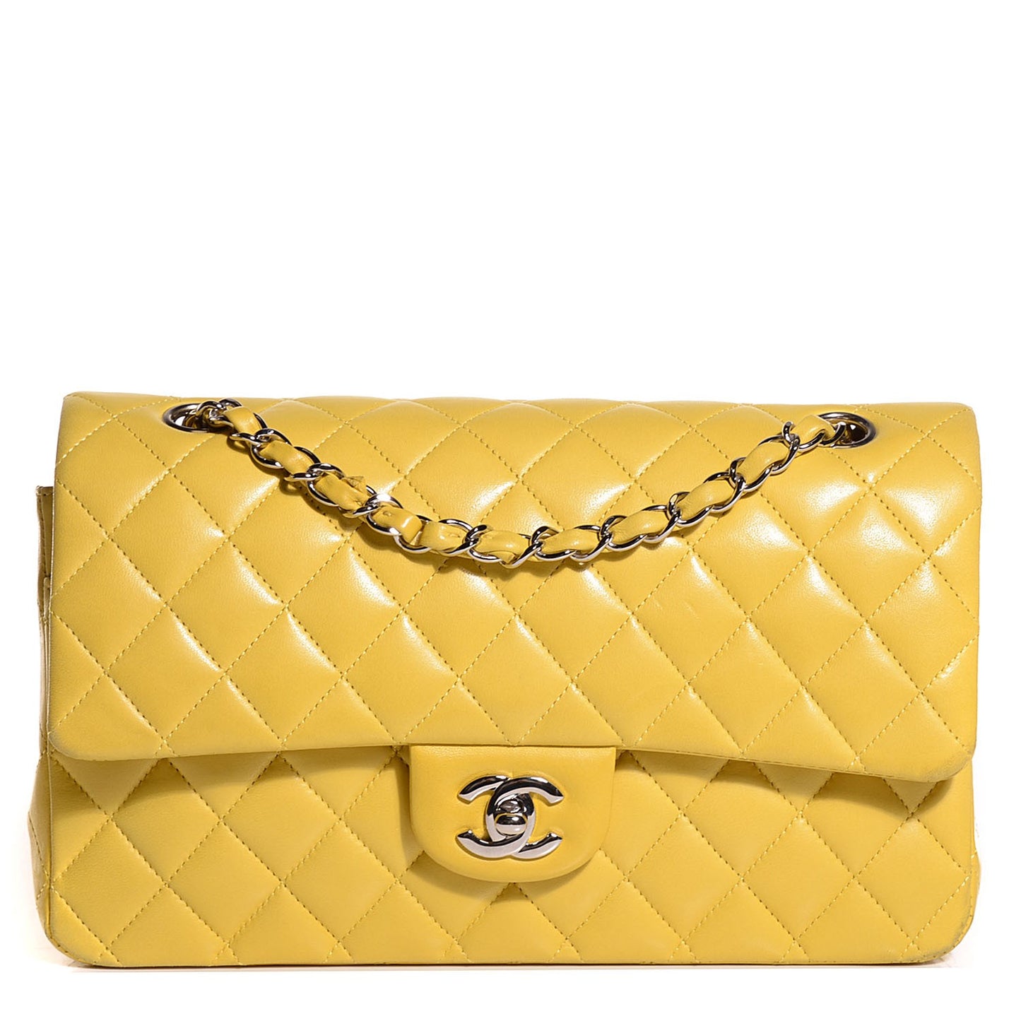 Lambskin Quilted Medium Double Flap Yellow