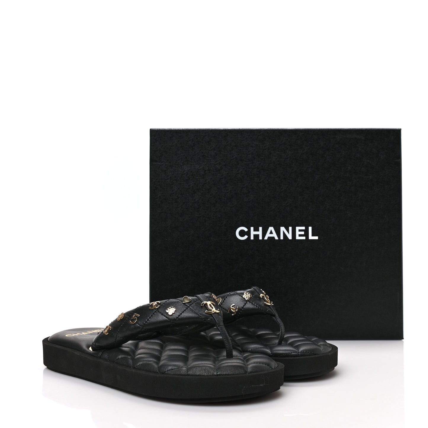 Lambskin Quilted Padded Charms Thong Sandals 39.5 Black