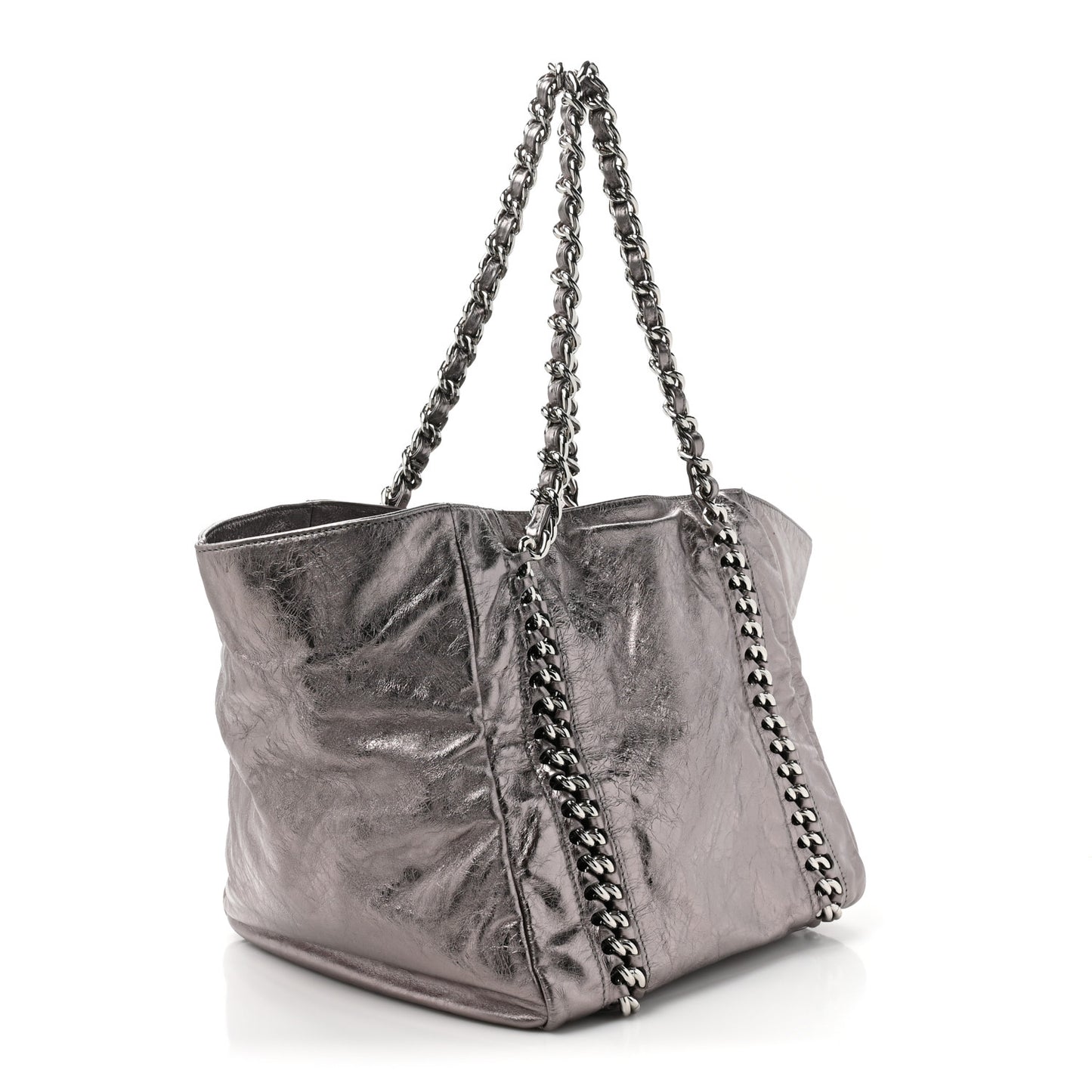 Metallic Cracked Calfskin Modern Chain Tote Dark Silver