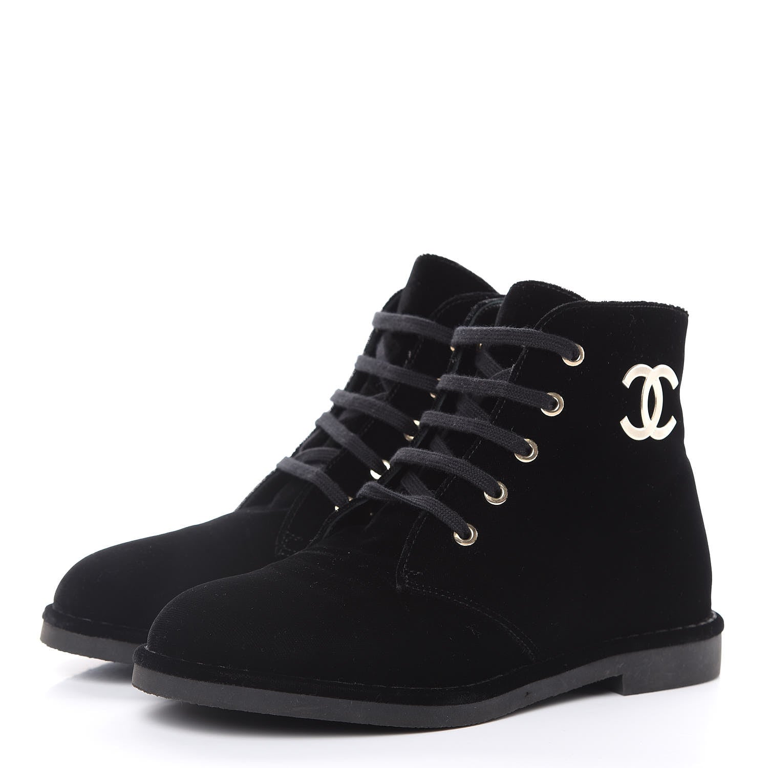 Chanel Velvet CC Lace Up Boots 36.5 Black 3 of 8