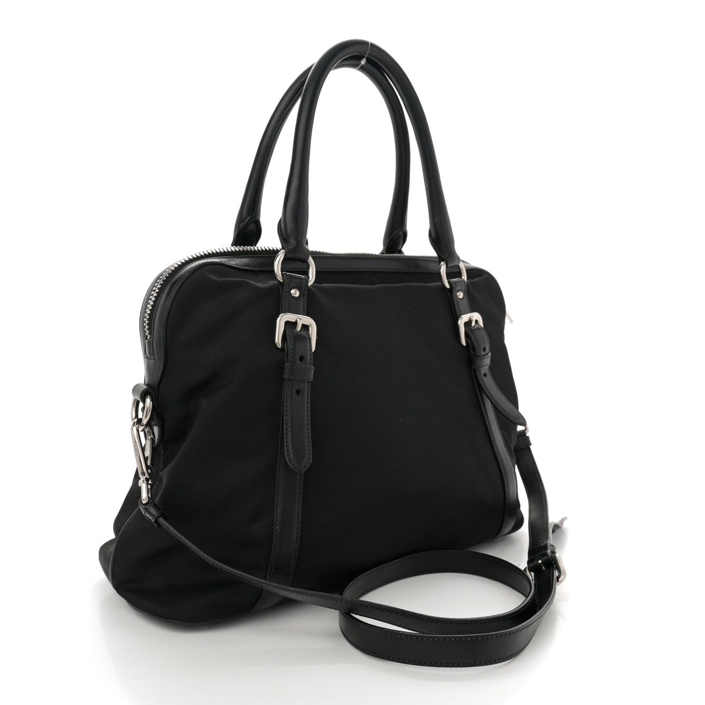 Tessuto Nylon Calfskin Dome Satchel Black