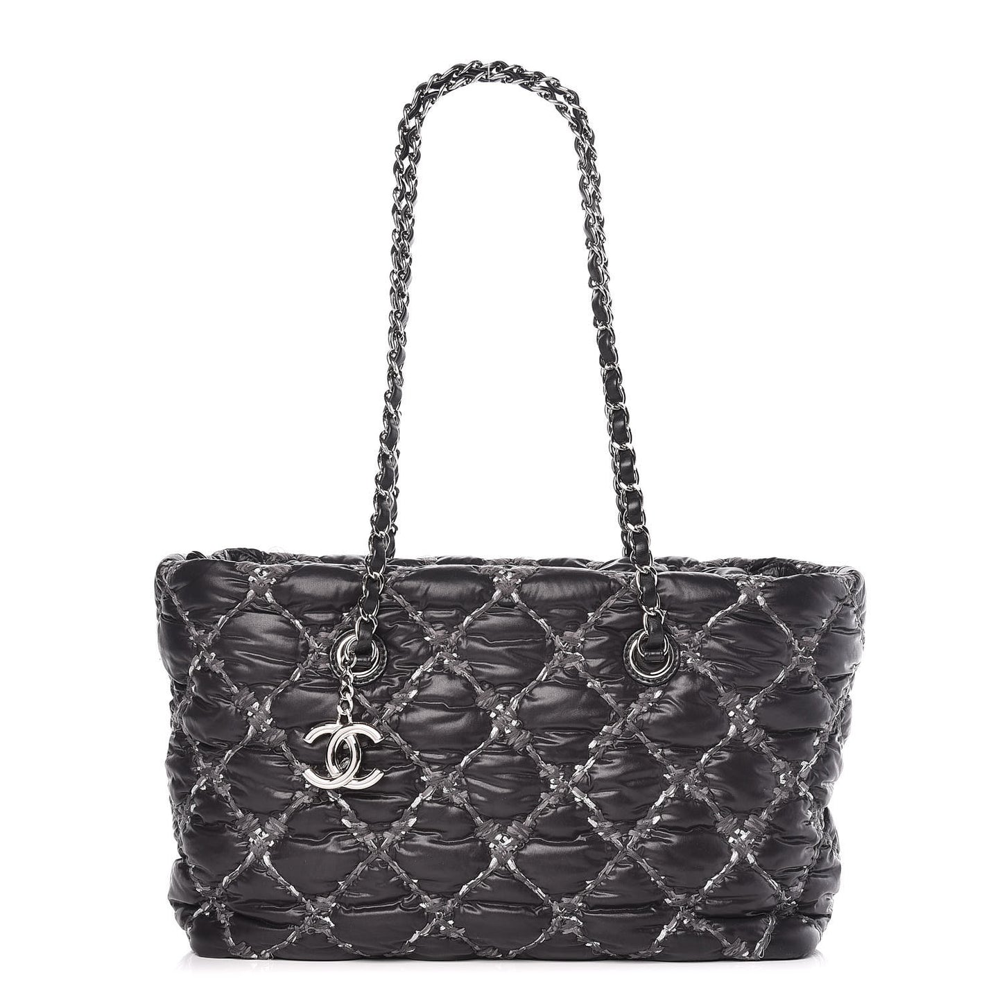 Nylon Quilted Tweed Stitch Bubble Tote Black