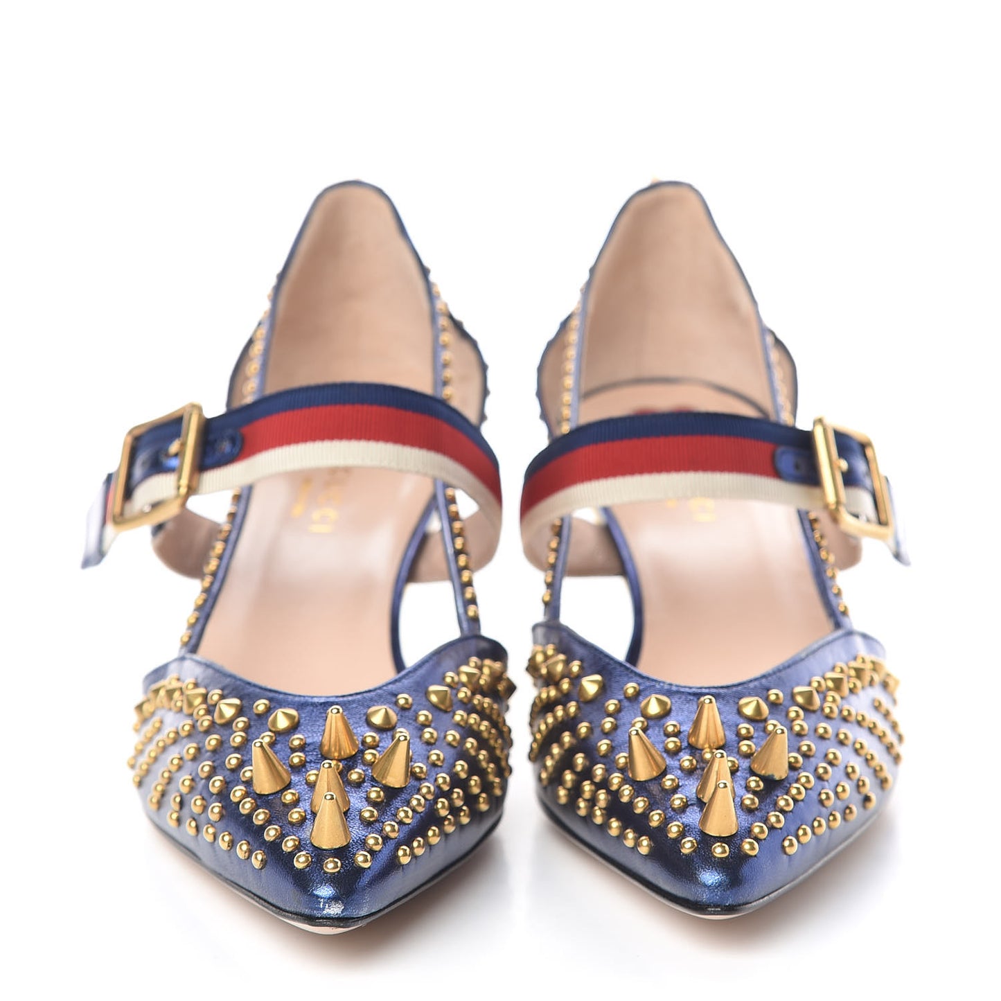 Metallic Nappa Silk Grosgrain Studded Sylvie Web Bamboo Low Heel Pumps 39.5 Sapphire