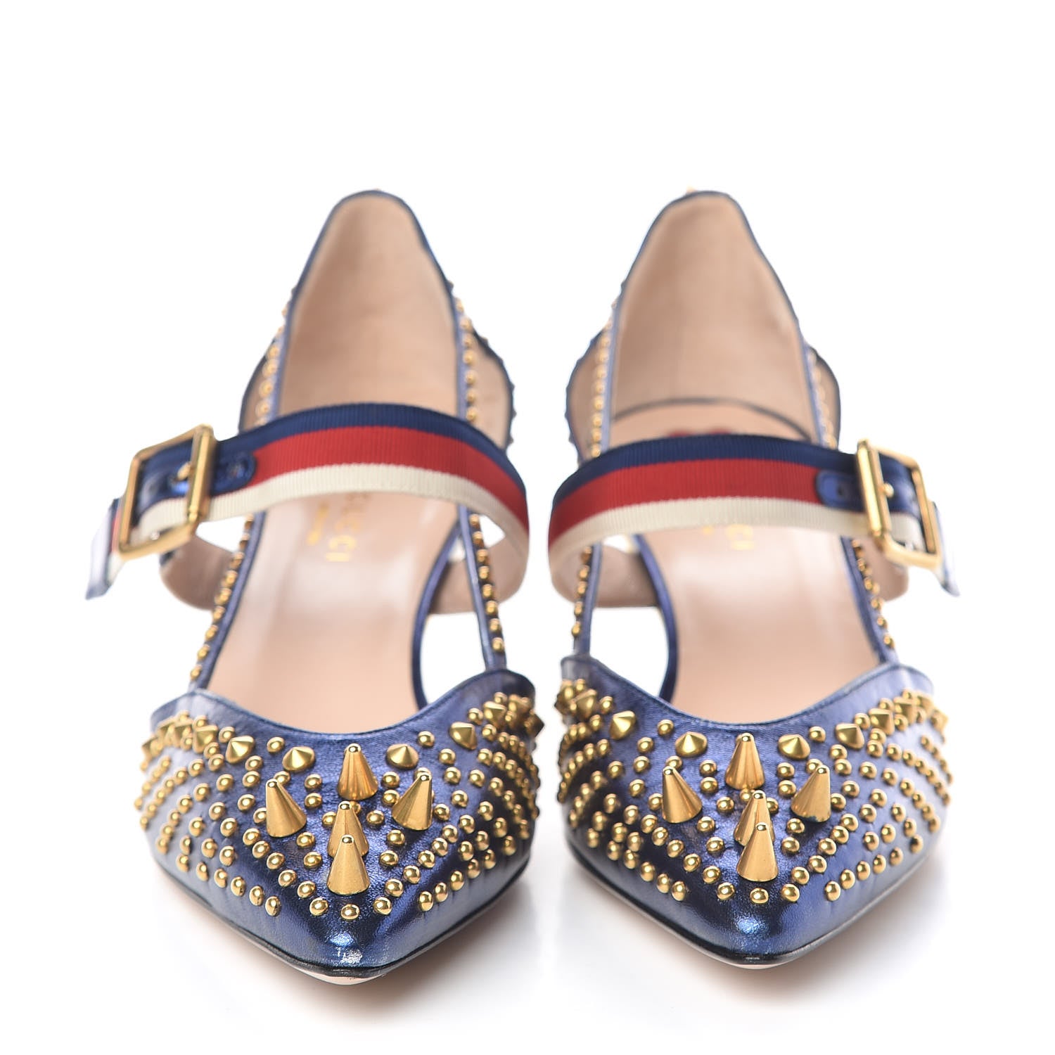 Gucci Metallic Nappa Silk Grosgrain Studded Sylvie Web Bamboo Low Heel Pumps 39.5 Sapphire 2 of 9