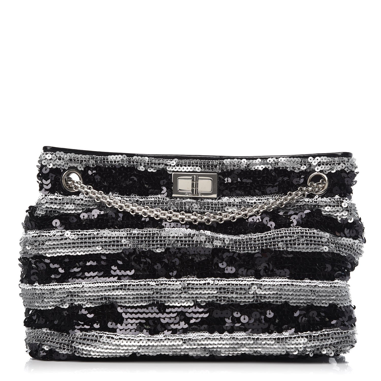 Chanel Sequin Striped Mademoiselle Tote Black Silver 1 of 9