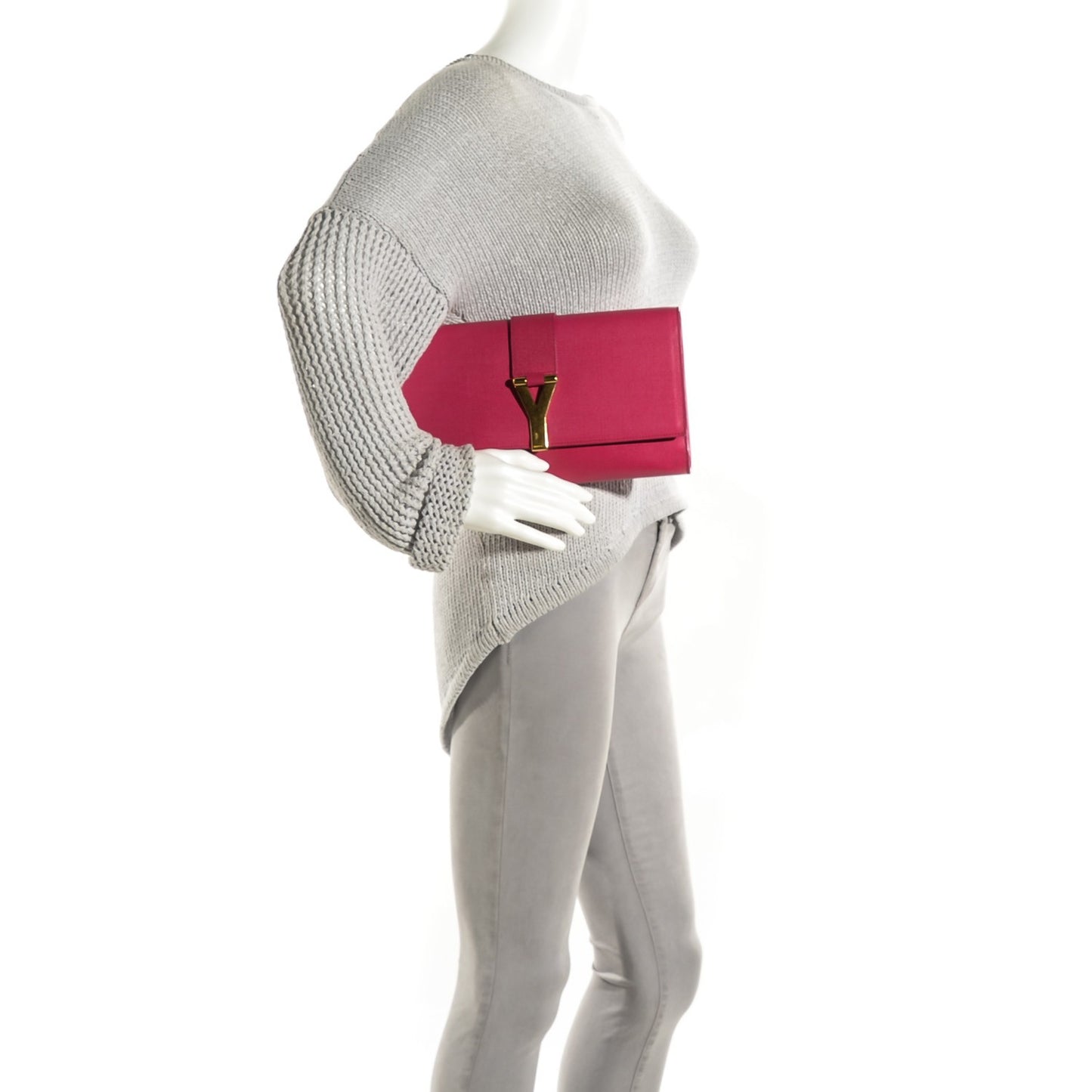 Textured Calfskin Y Ligne Clutch Fuchsia