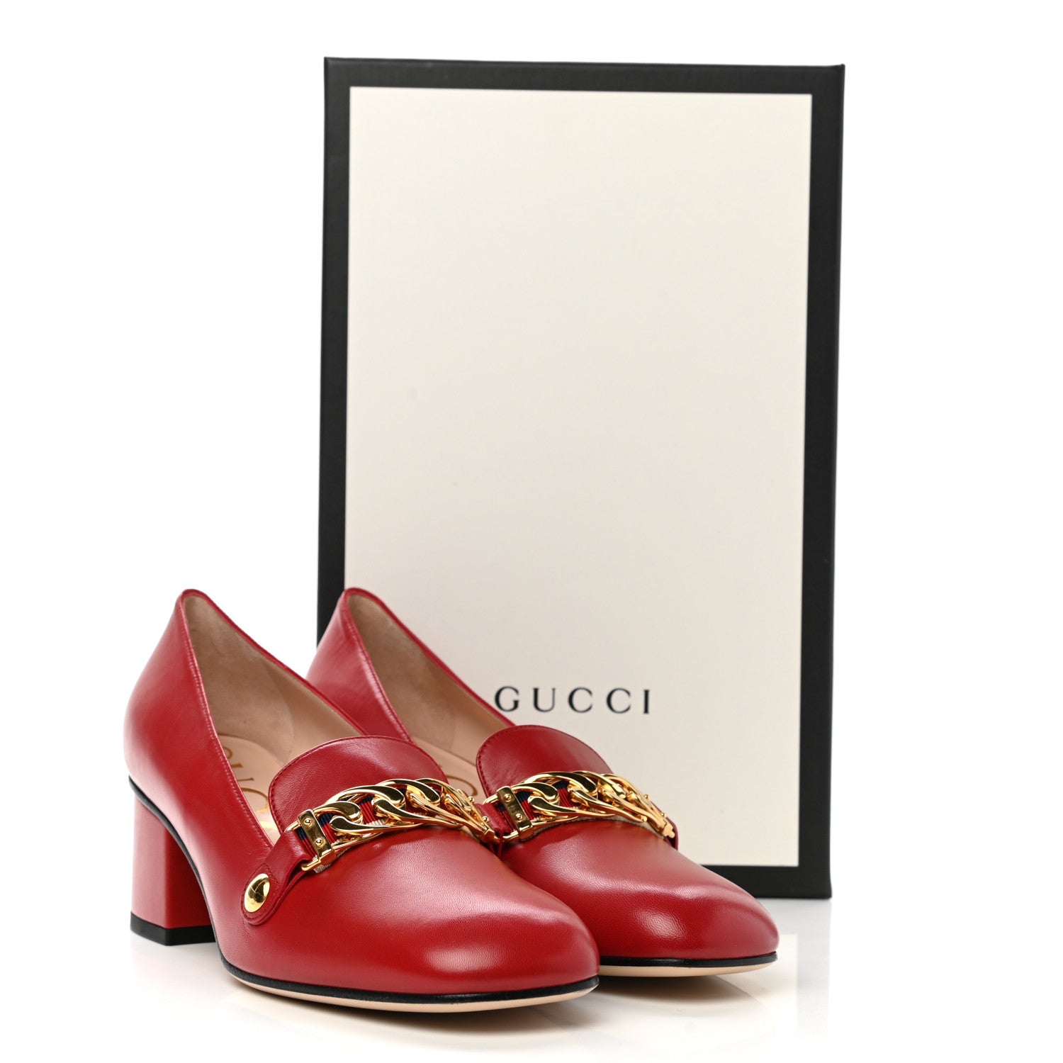 Gucci Malaga Kid Sylvie Web Chain Mid Heel Loafers 37 Hibiscus Red 10 of 10