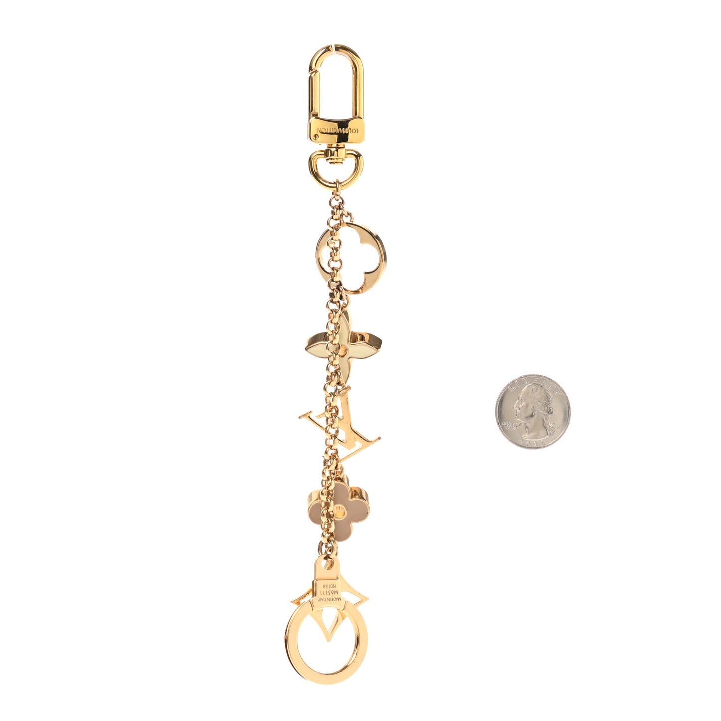 Brass Enamel Fleur De Monogram Bag Charm Chain Gold