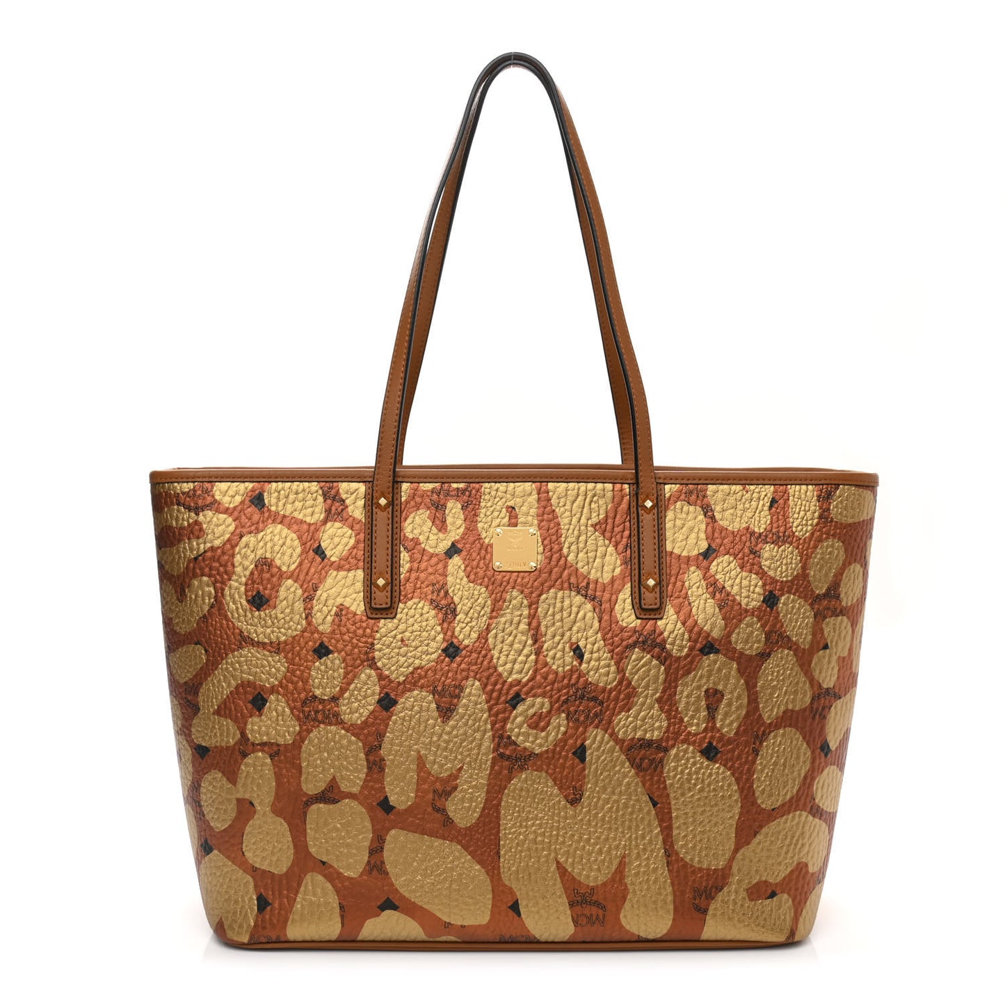 Visetos Metallic Leopard Print Medium Anya Shopper Tote Cognac