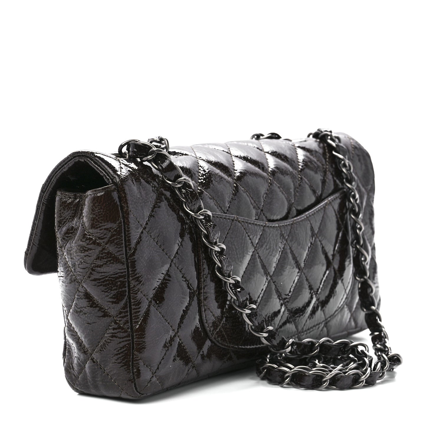 Crinkled Patent Quilted East West Flap Brown