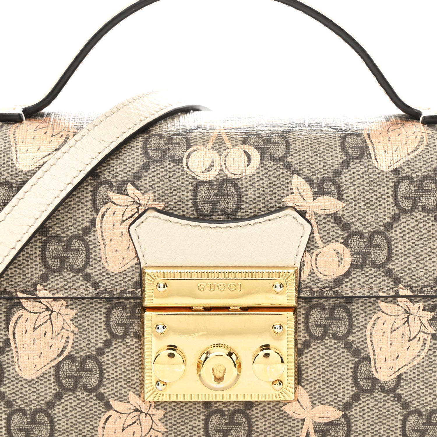 Gucci GG Supreme Monogram Berry Textured Dollar Calfskin Mini Padlock Top Handle Shoulder Bag Beige Ebony Light Copper Mystic White 8 of 12