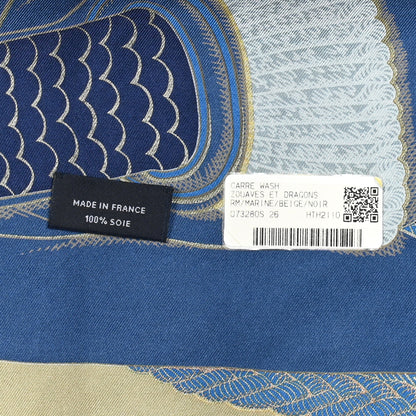 Hermes Silk Zouaves Et Dragons Wash Scarf 90 Marine Beige Black 6 of 6
