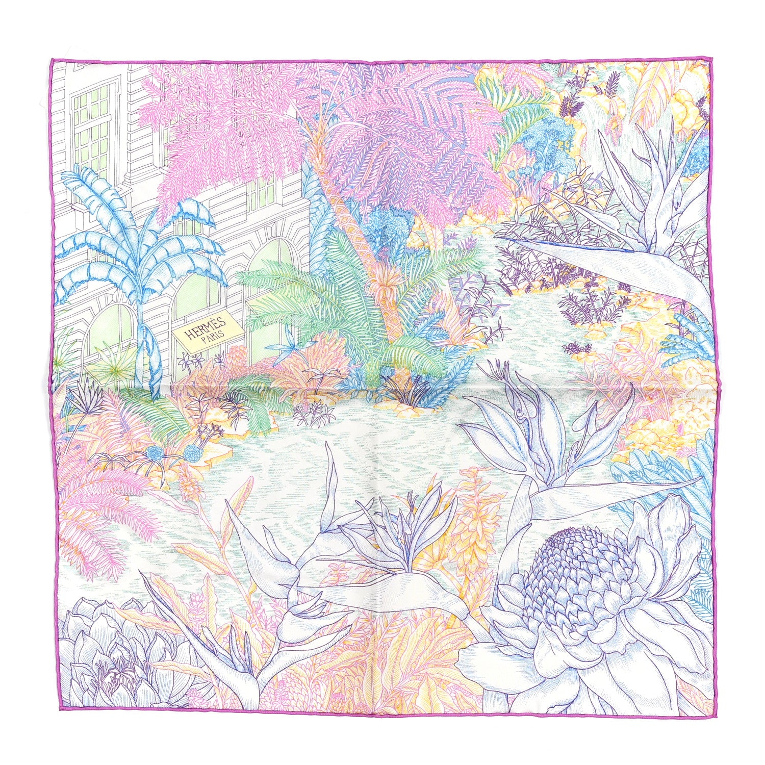 Hermes Silk Twill Faubourg Tropical Square 45 Rose Bleu Vert 1 of 3