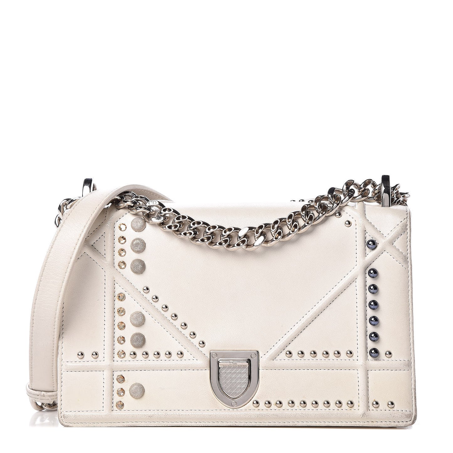 Lambskin Crystal Studded Small Diorama Flap Bag Off White