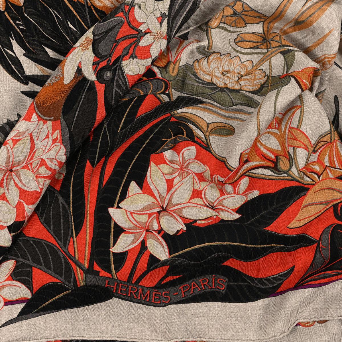 Hermes Cashmere Silk Flamingo Party Shawl 140 Naturel Corail Black 2 of 3