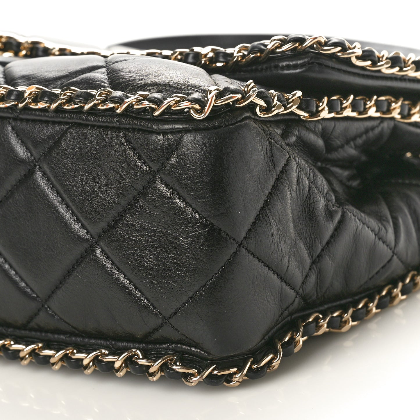 Crumpled Calfskin Quilted Large Chain All Over Flap Bag Black