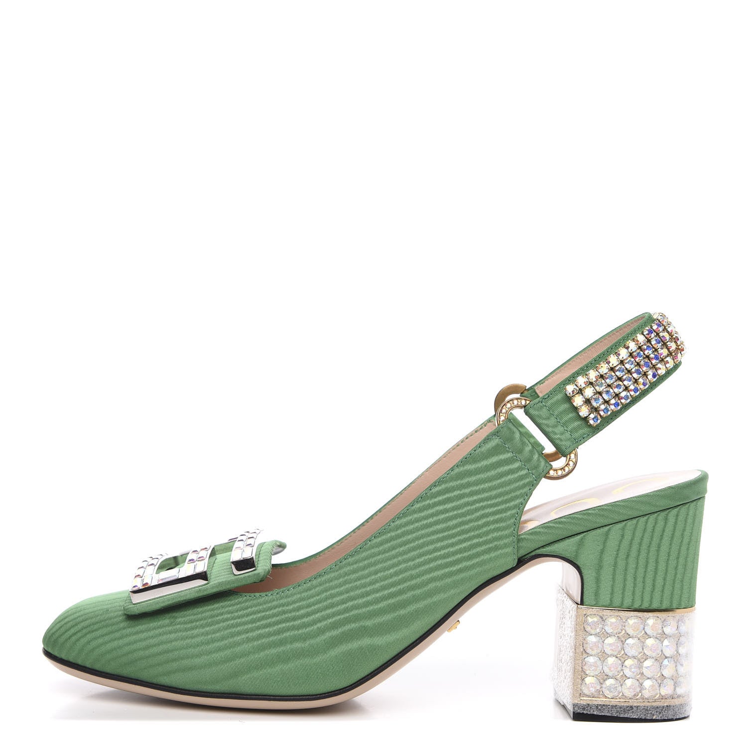 Gucci Moire Fabric Crystal Square G Madelyn Slingbacks 36 New Shamarock 1 of 10