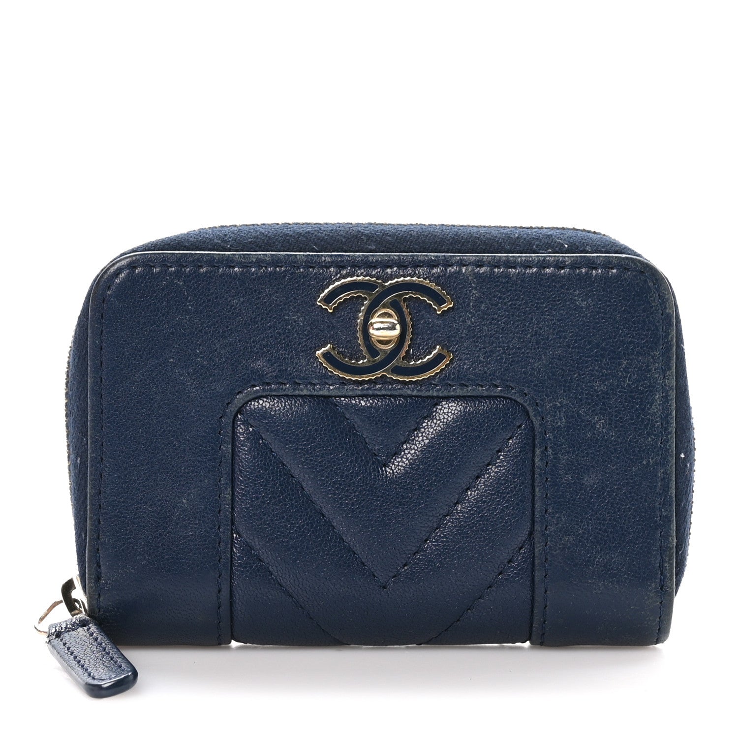 Chanel Sheepskin Chevron Quilted Vintage Mademoiselle Zip Coin Purse Dark Blue 1 of 8